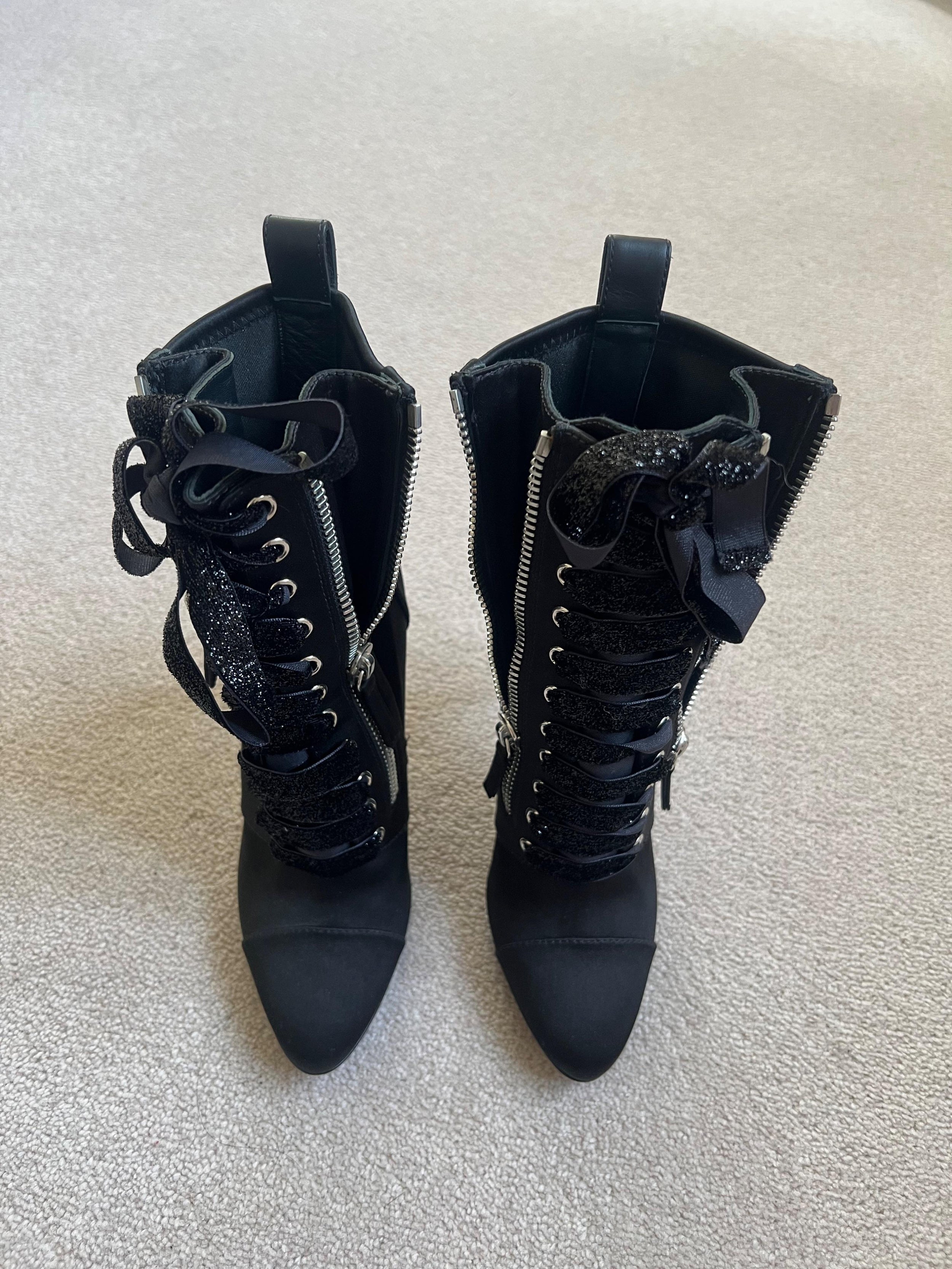 Black Twill Lace Up Heeled Booties