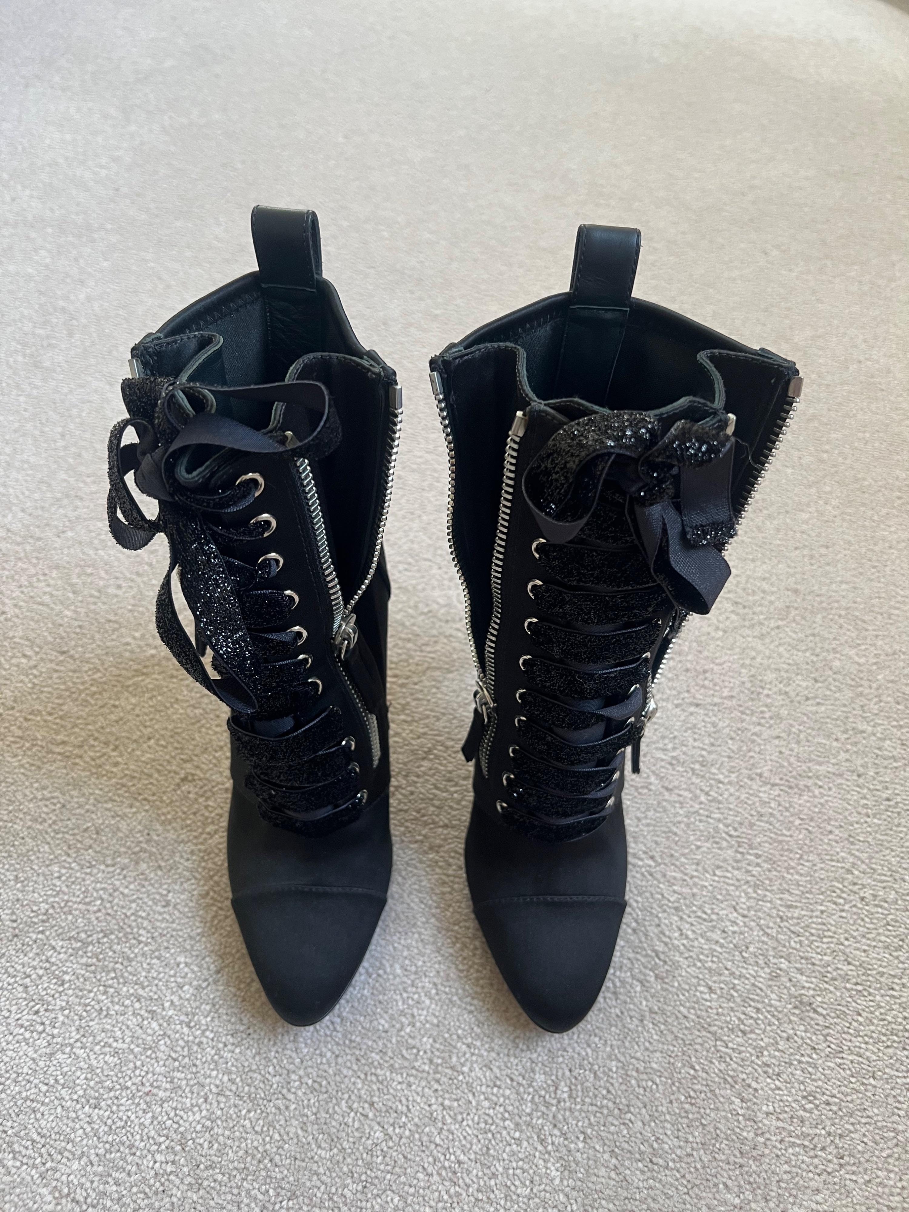 Black Twill Lace Up Heeled Booties