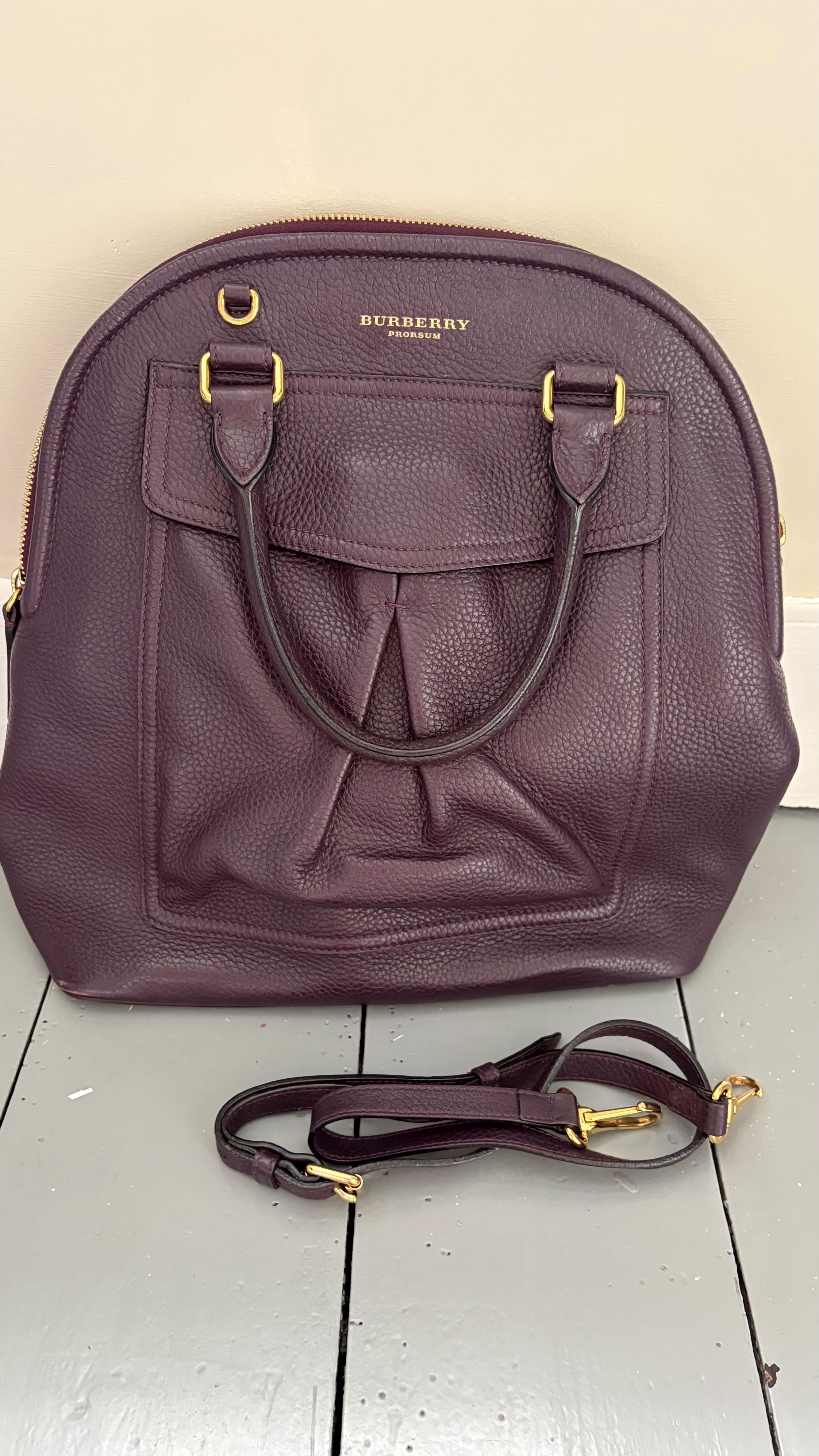 Burberry Deep Purple Leather Tote Bag With Strap