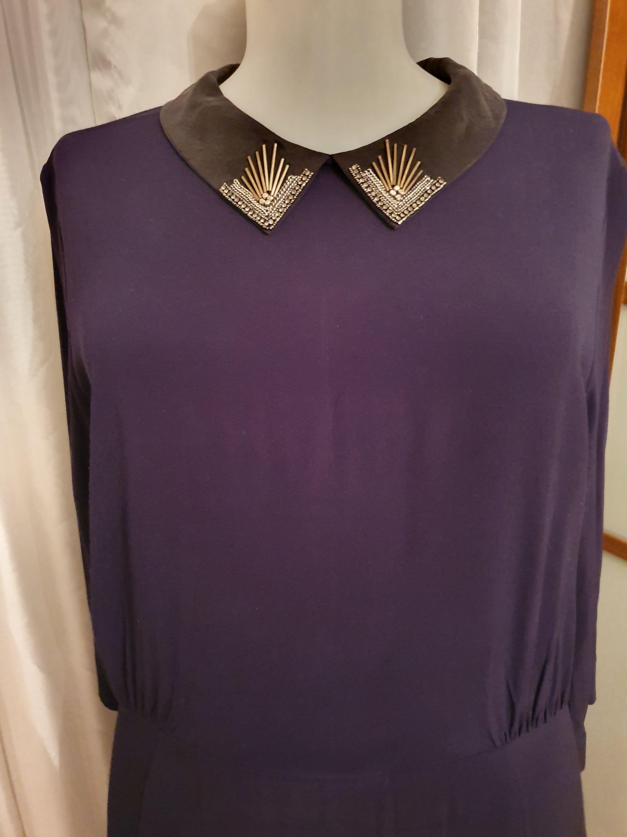 Purple crepe embellished collar dress