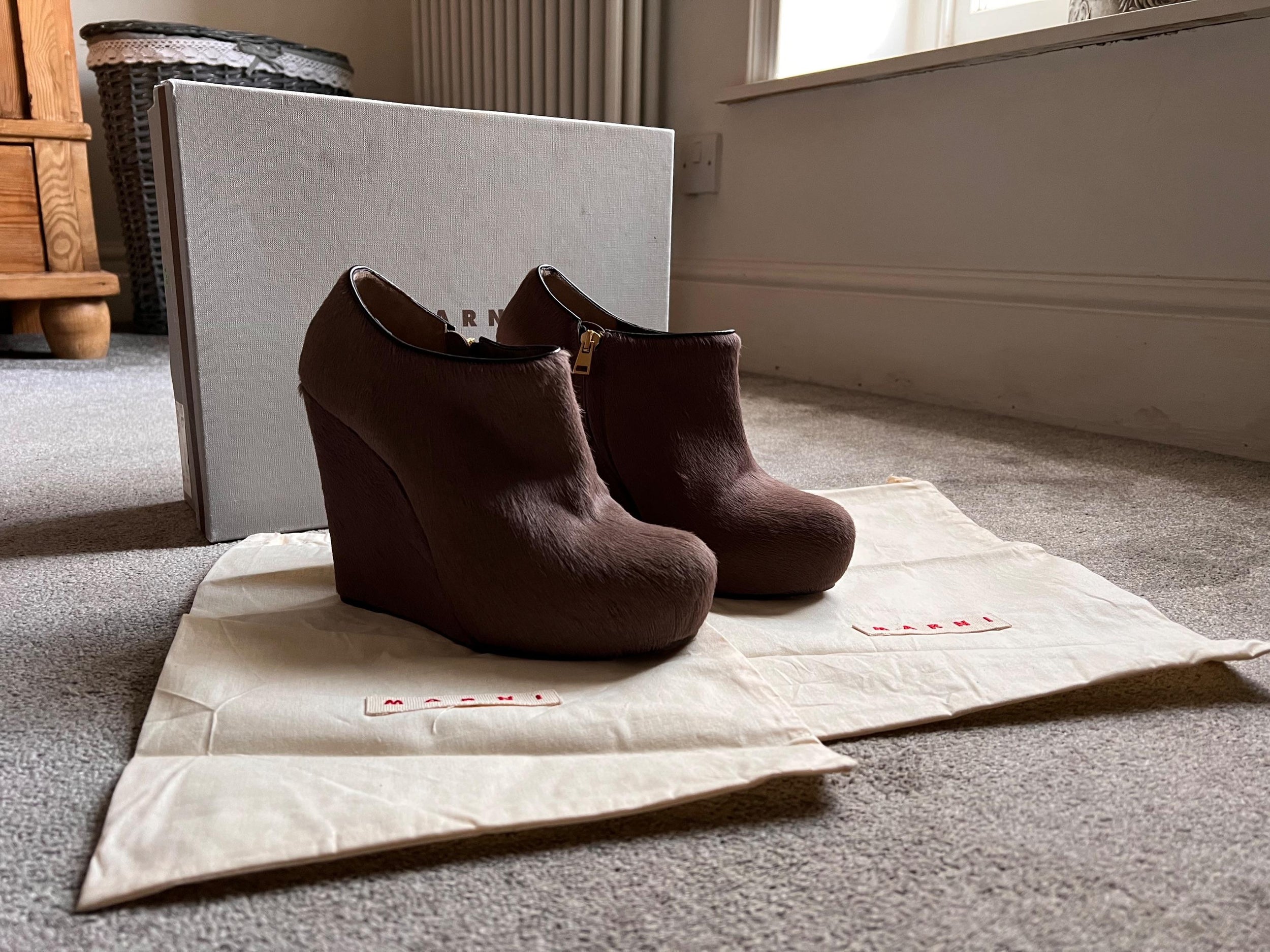 Fawn Calf Hair Wedge Ankle Boots