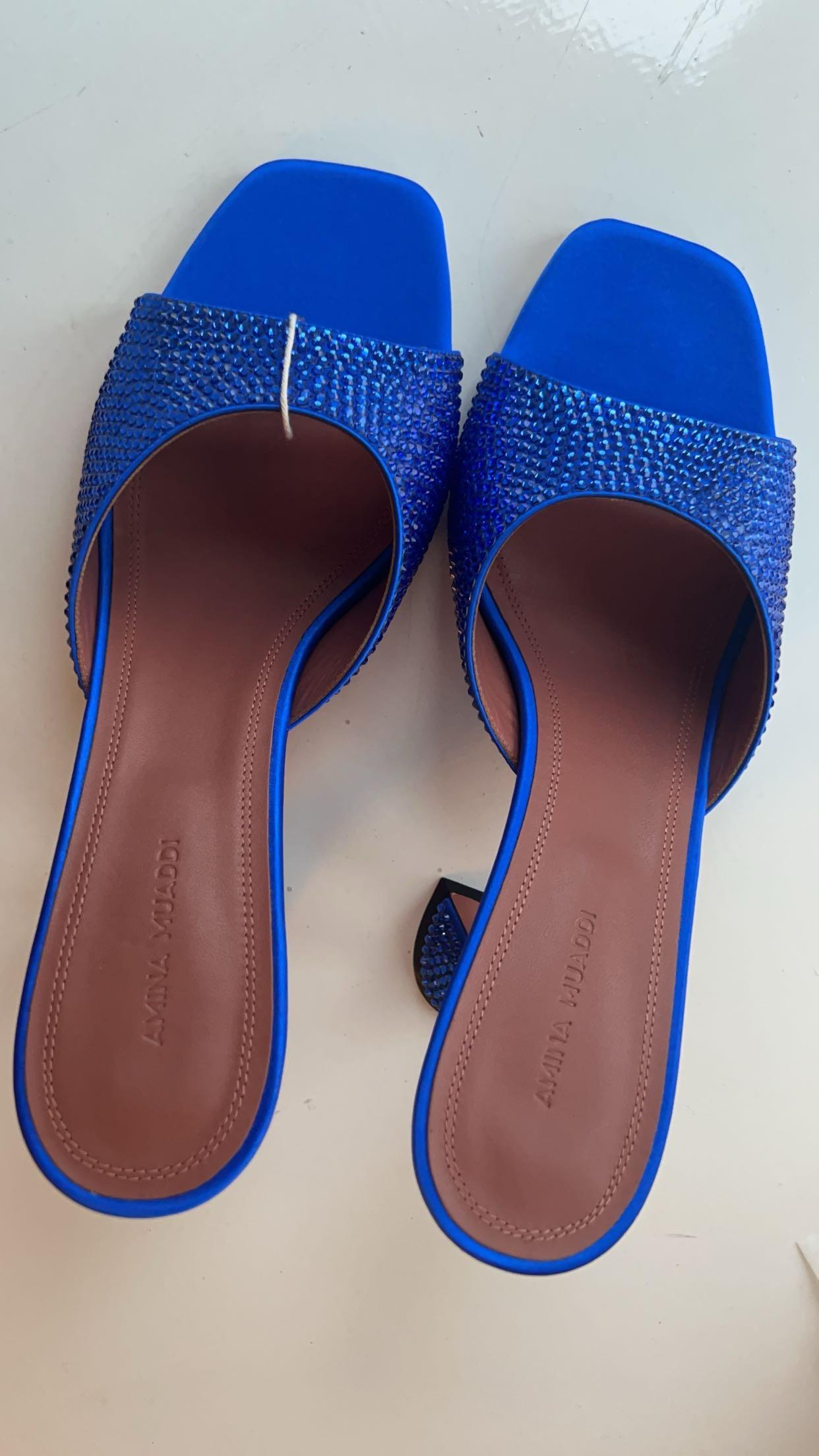 Amina Muaddi Blue Crystal Embellished Alexa Mules