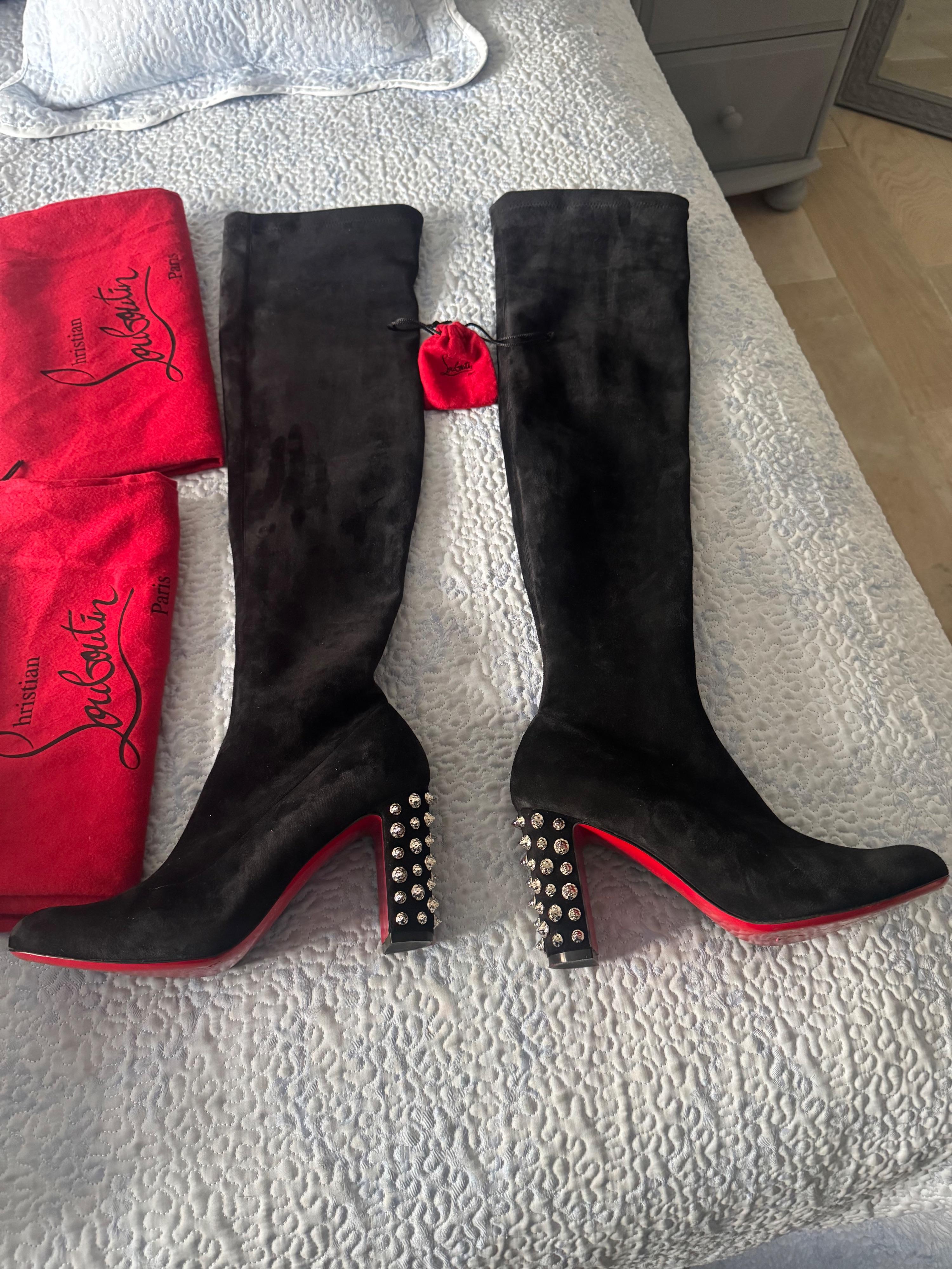 Louboutin Embellished Heel Long Stretch Suede Boots