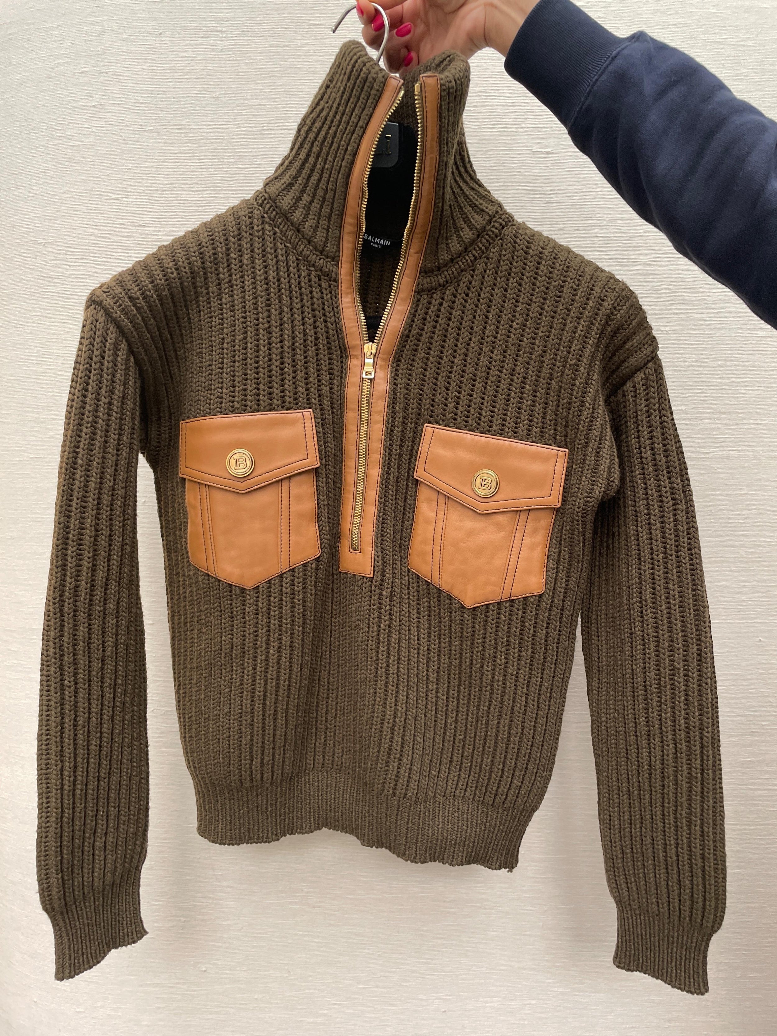 Khaki Ribbed Funnel Neck Sweater