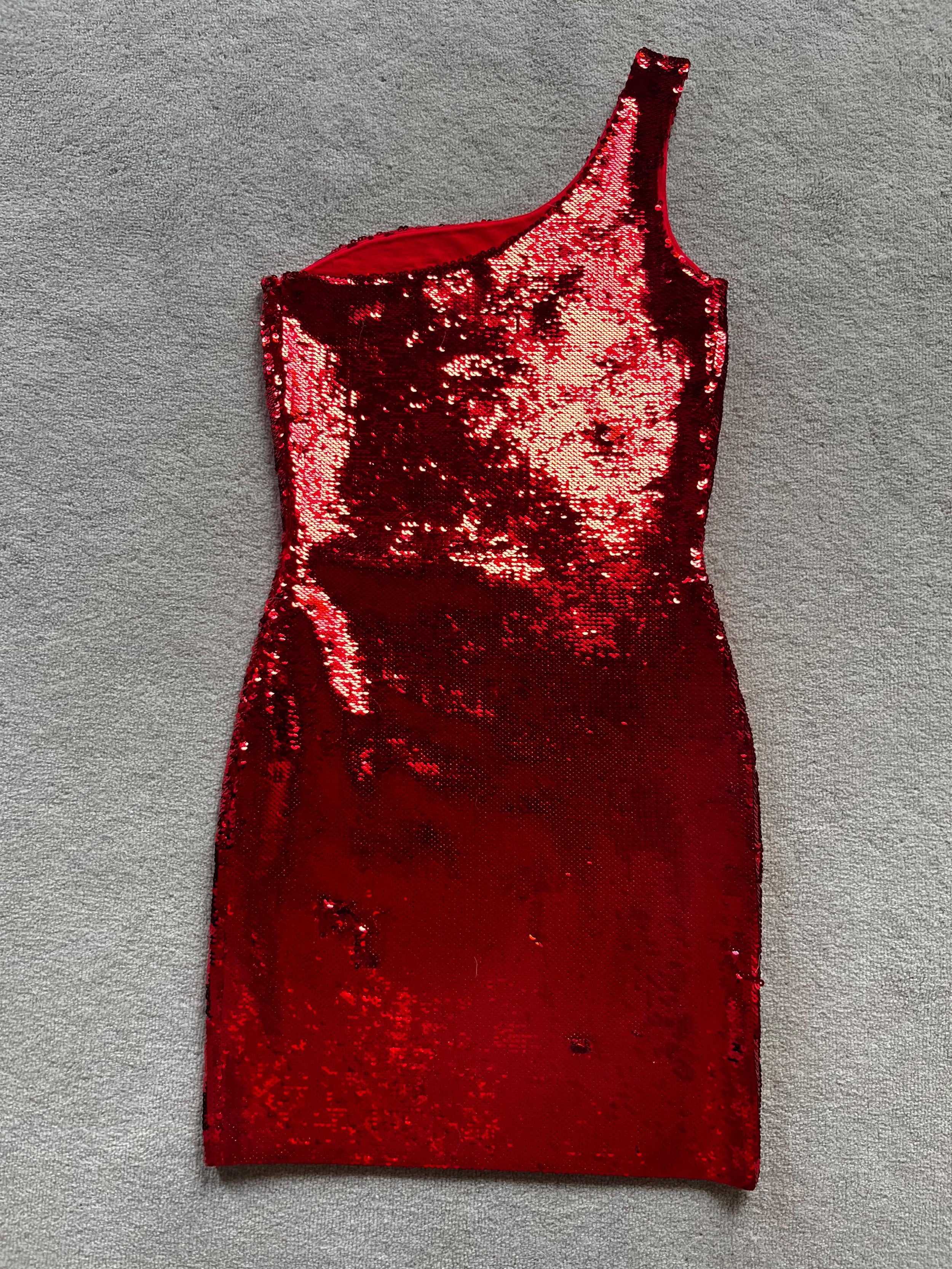 Saint Laurent Red Sequin One Shoulder Mini Dress