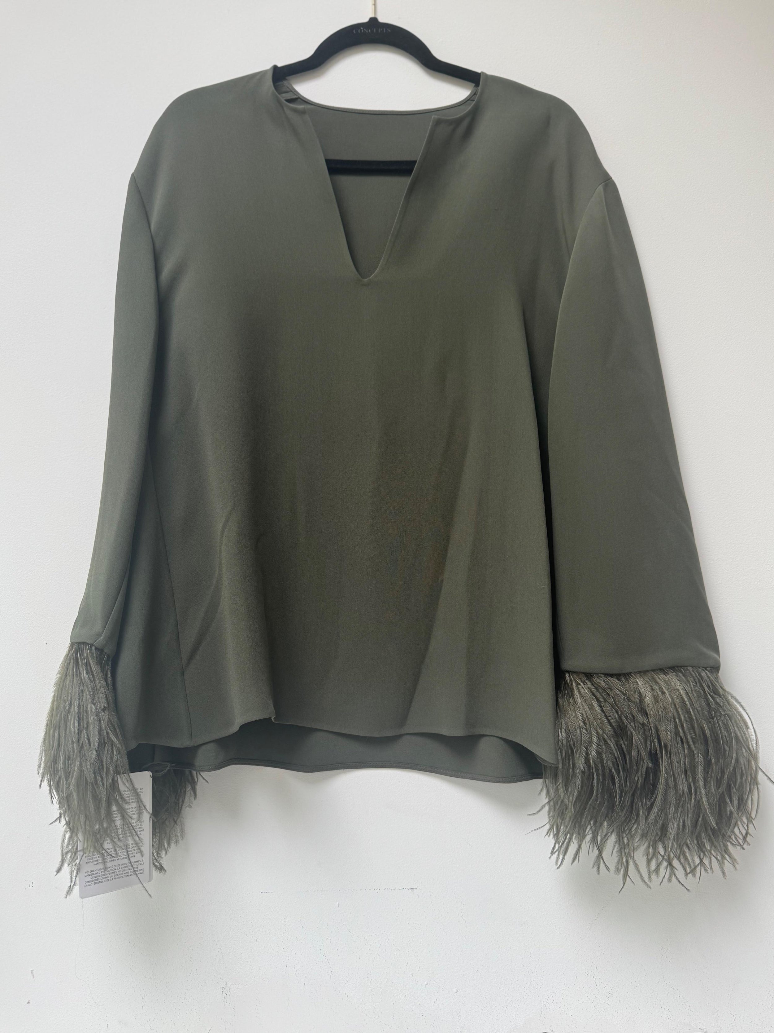 Valentino Khaki Silk Blouse with Feather Trim