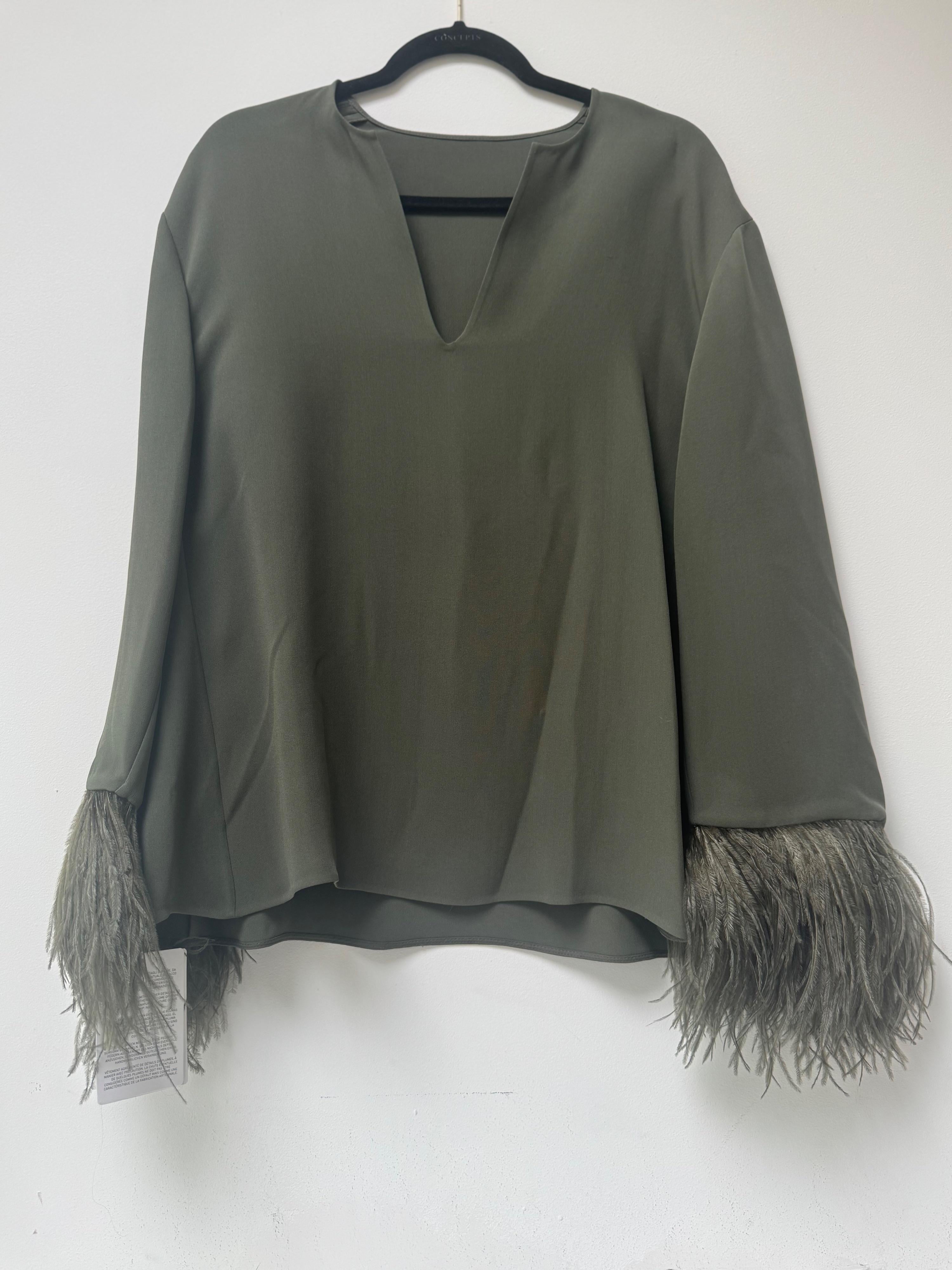 Valentino Khaki Silk Blouse with Feather Trim