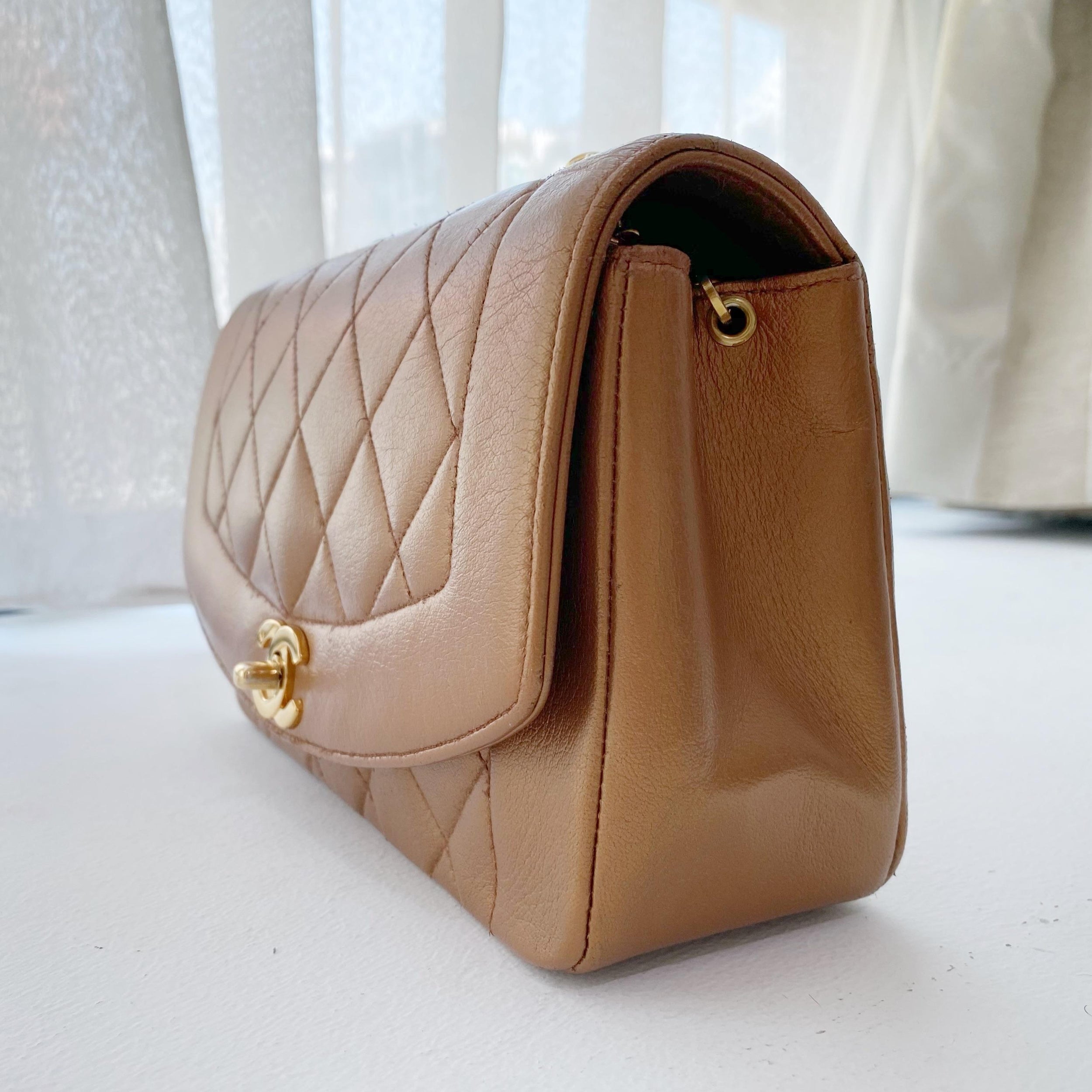Vintage camel leather quilted small Diana flap bag