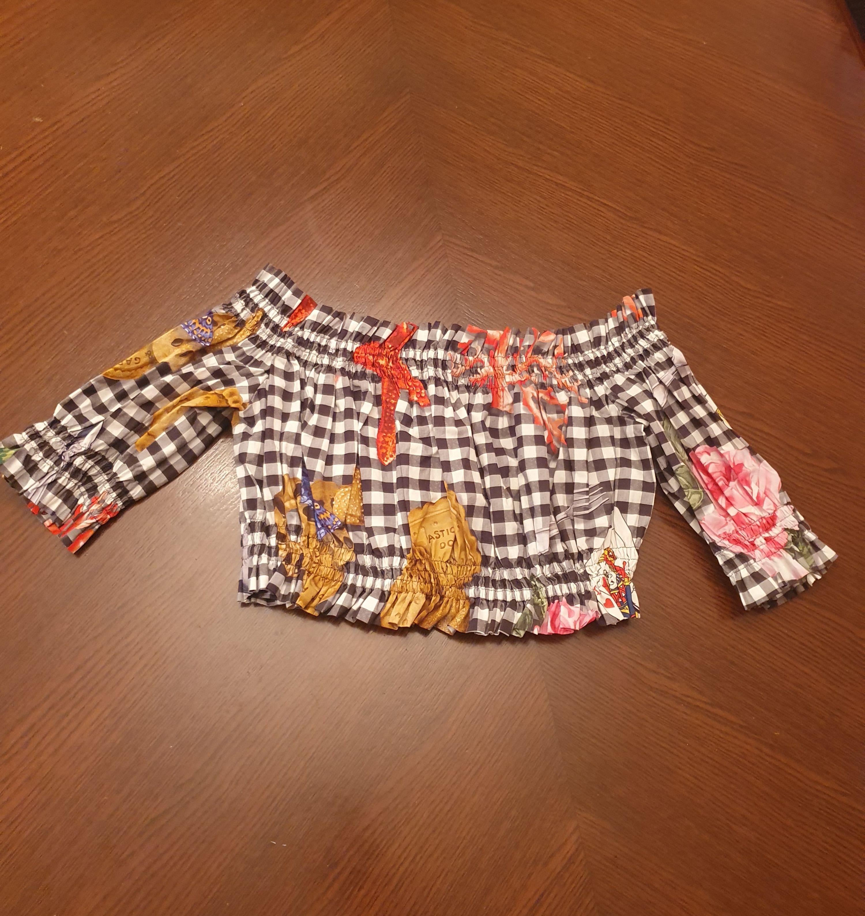 Black & white gingham printed cotton cropped top