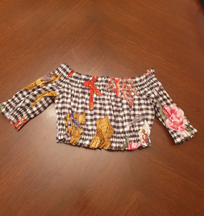 Black & white gingham printed cotton cropped top