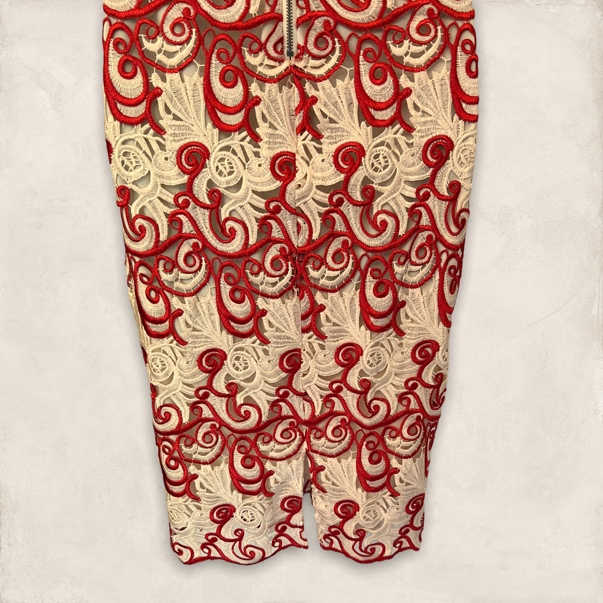 Red & white guipure lace low-back dress