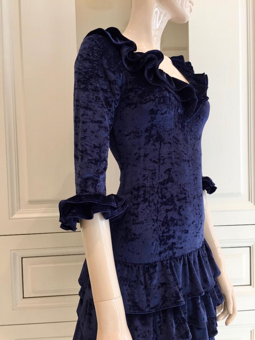French Couture Navy Blue Panne Velvet Dress