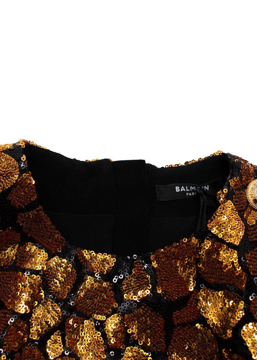 Balmain Gold and Black Sequin Long Sleeve Mini Dress