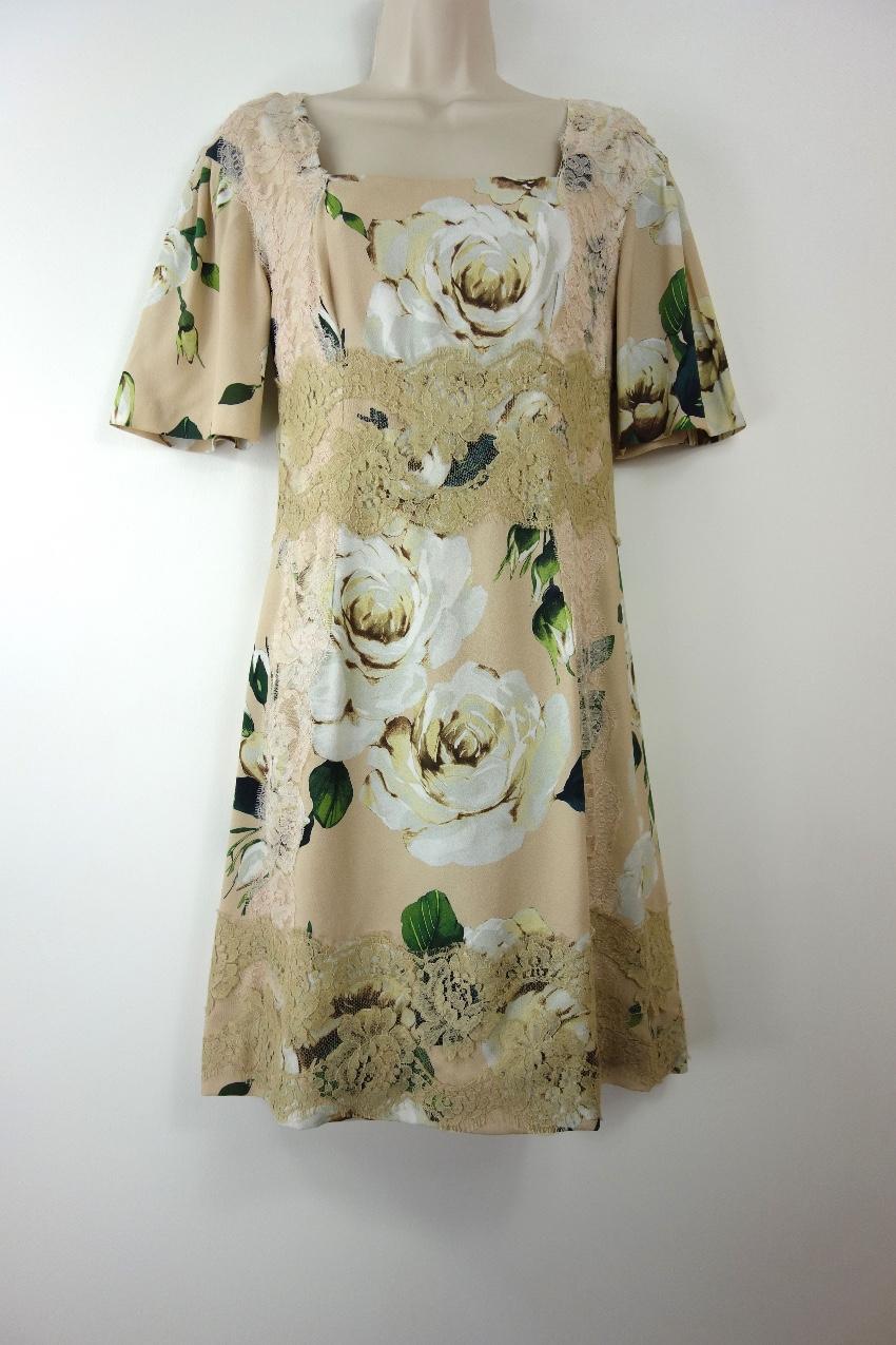 Dolce & Gabbana Beige Floral Print Lace Panelled Shift Dress