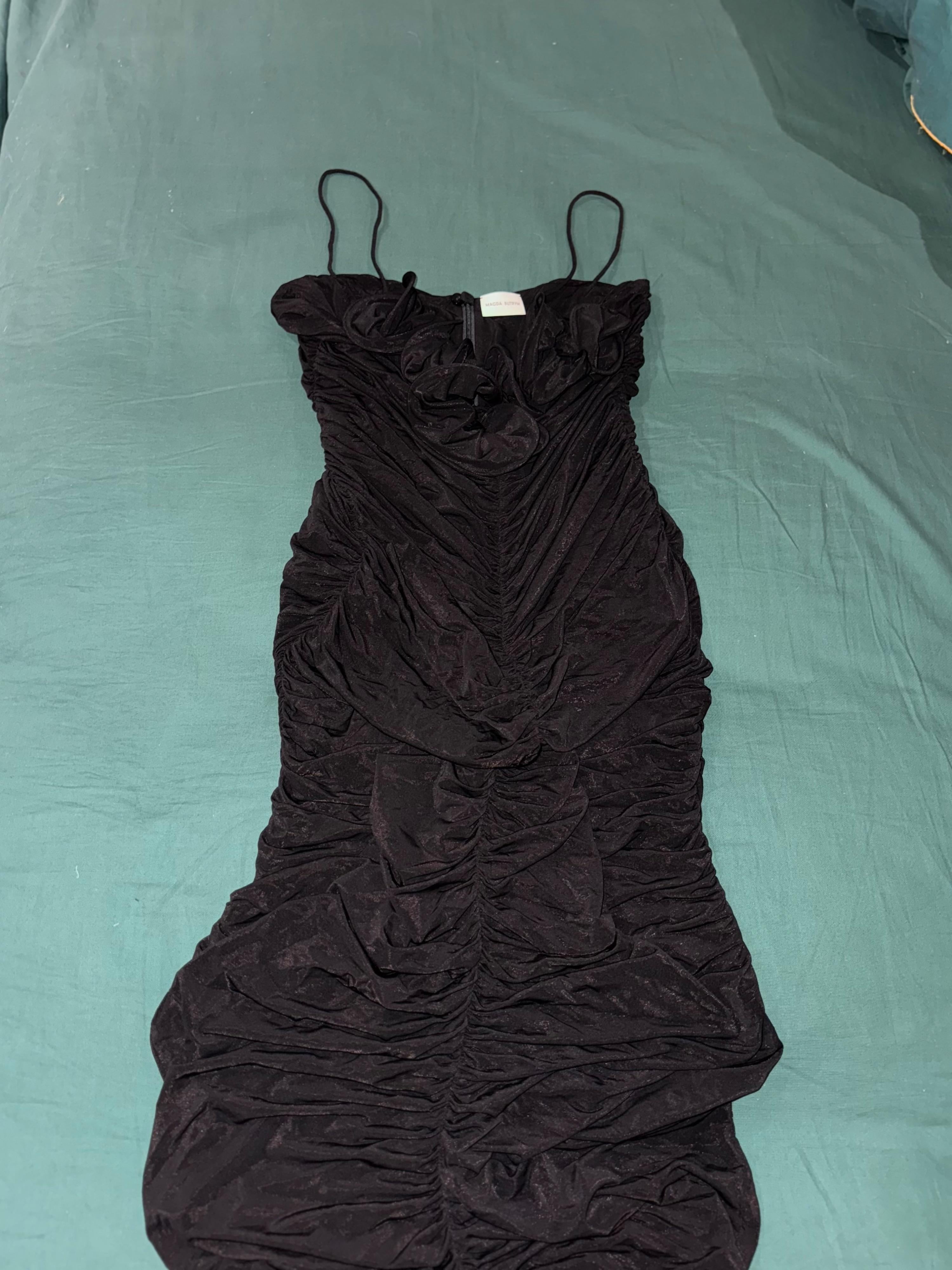Black Ruffled Ruched Midi Dress
