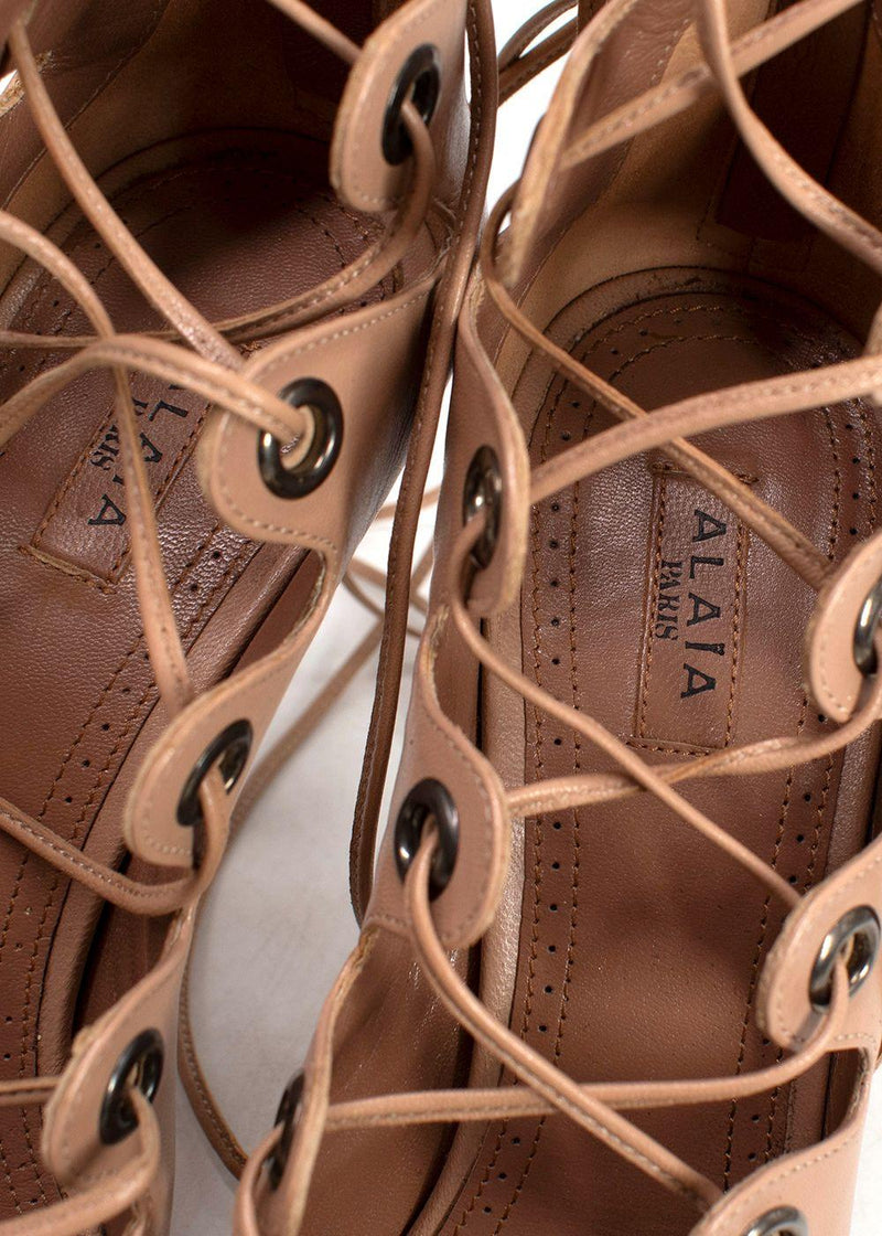 Alaia Blush Leather Lace-up Sandals