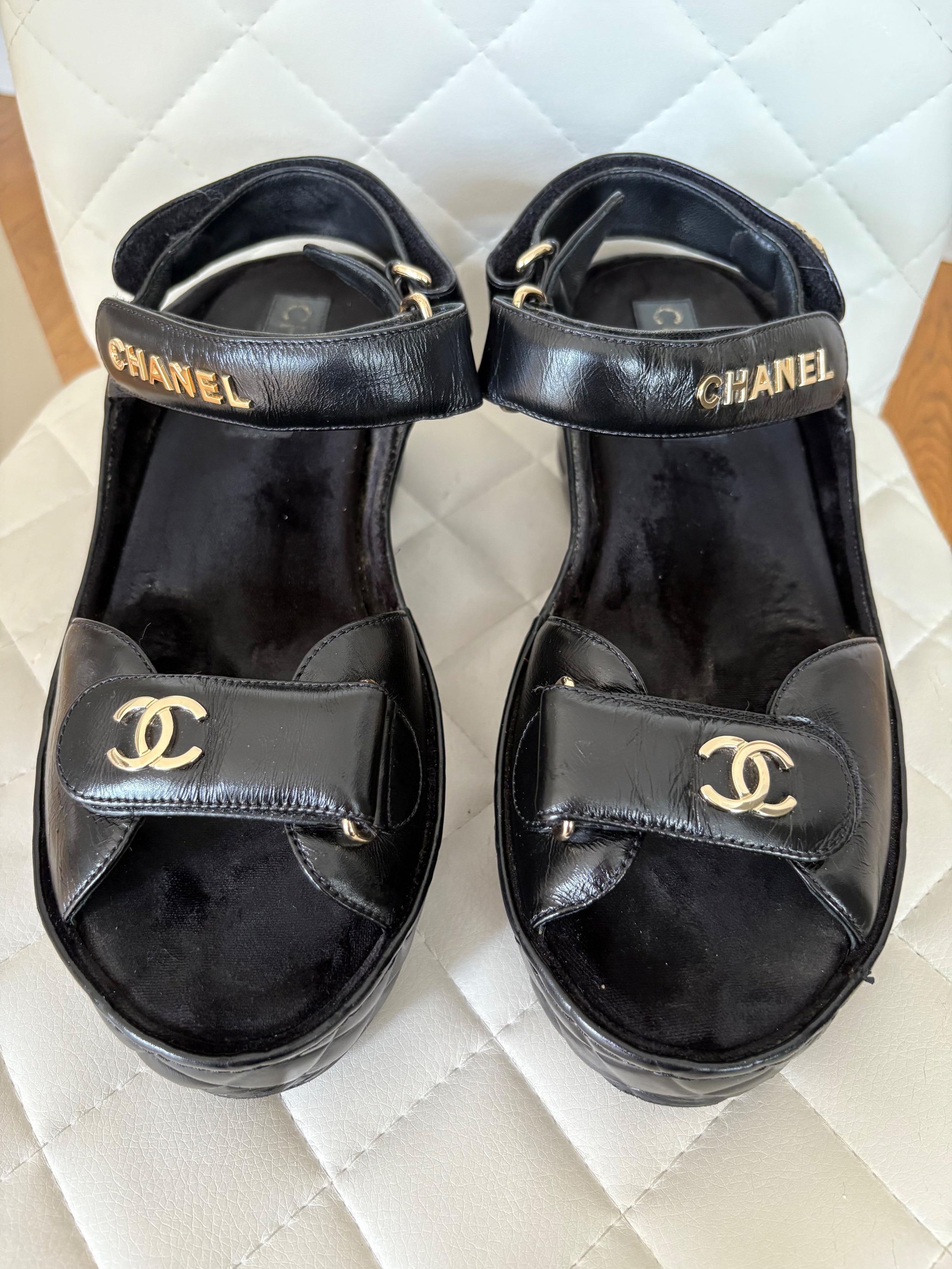Chanel Black Leather Wedge Sandals
