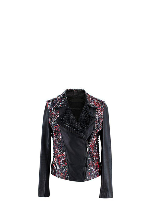 Black Leather Studded Jacket With Paint Splatter Effect