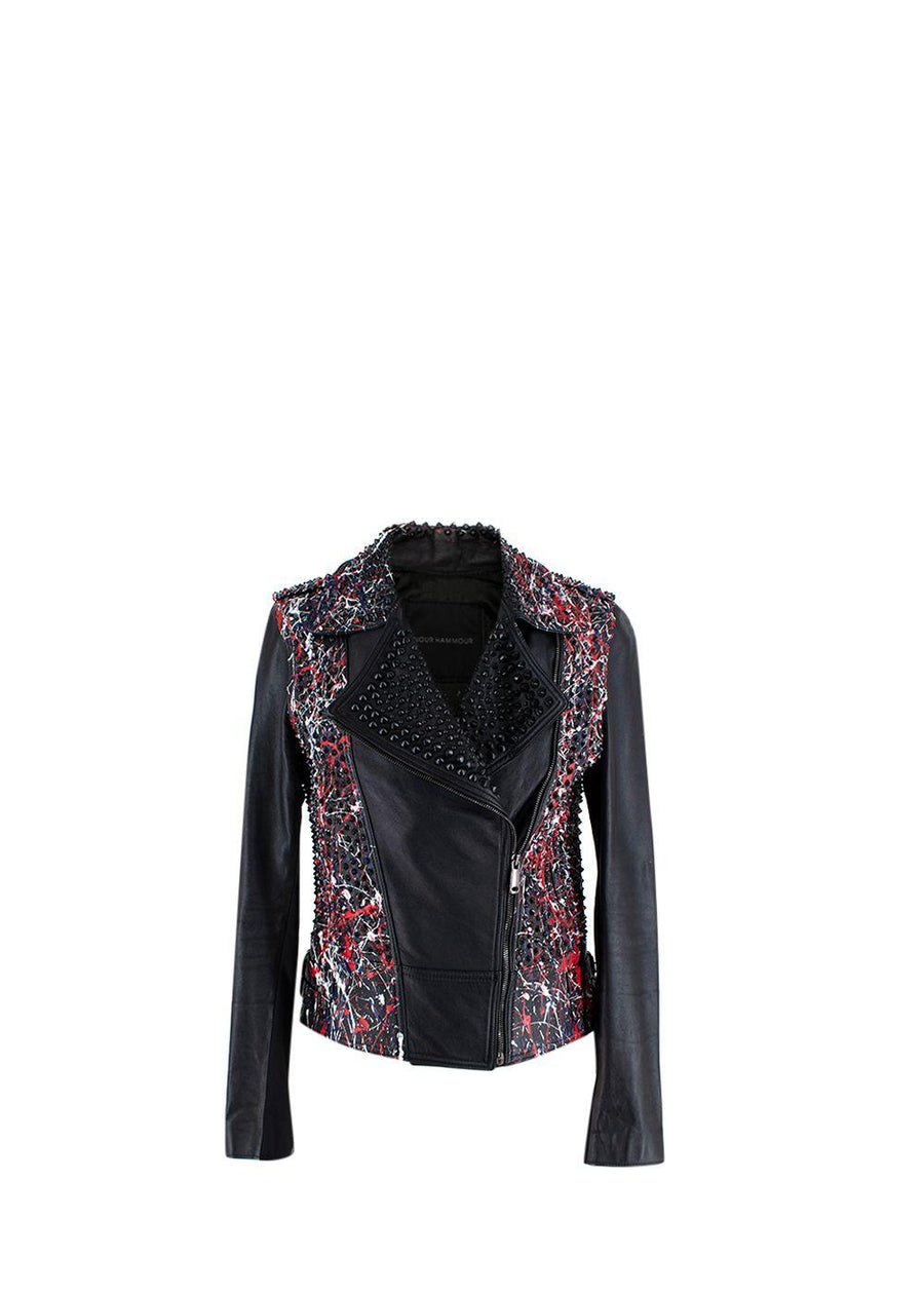 Black Leather Studded Jacket With Paint Splatter Effect
