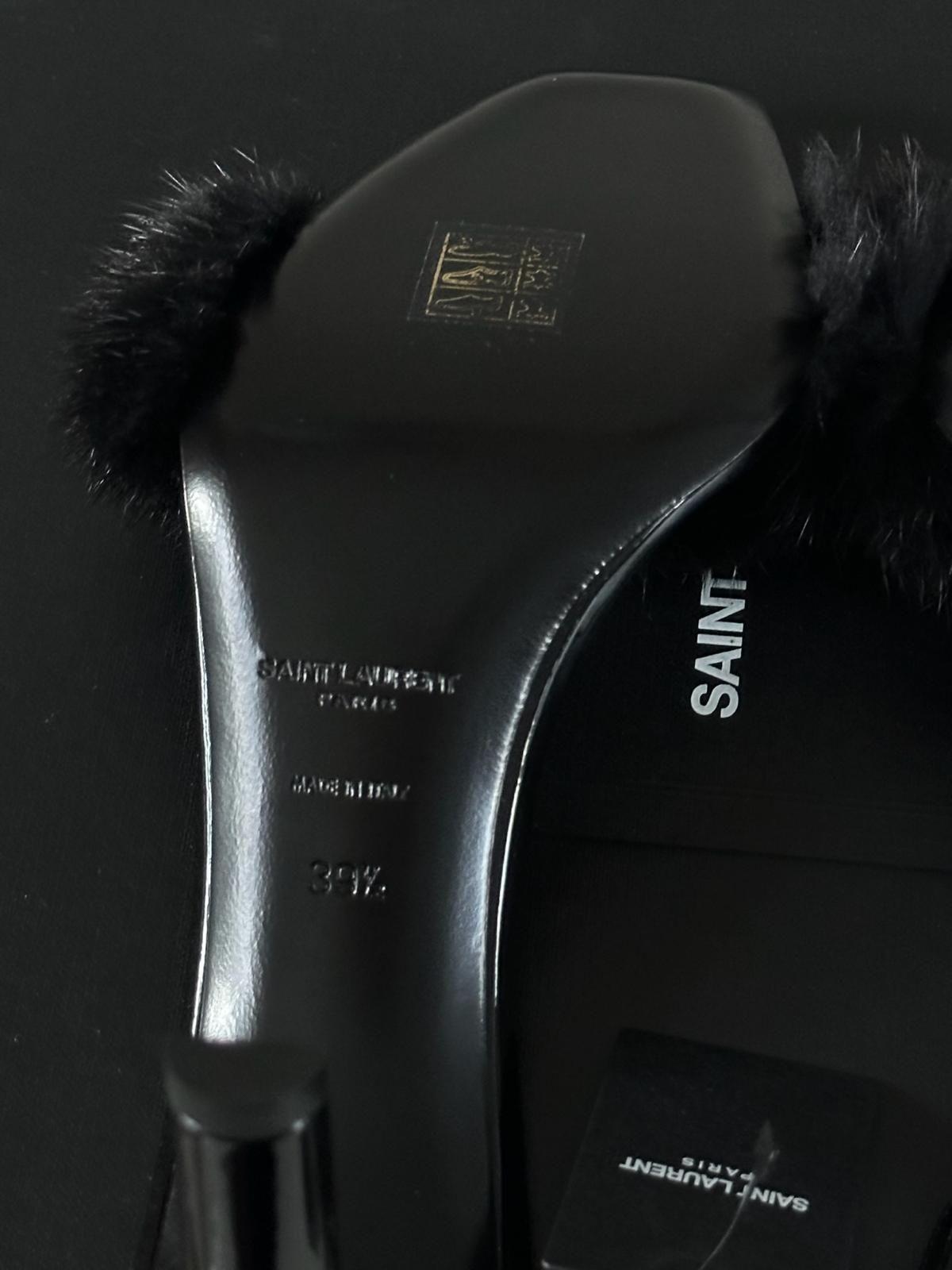 Saint Laurent Black Patent Leather Bea Heeled Sandals with Fur Detail
