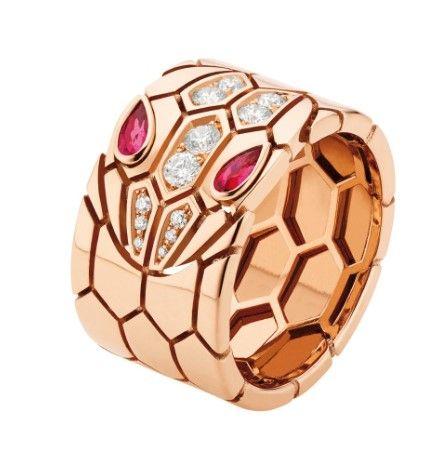 Bvlgari Serpenti diamond & rubellite 18k Rose Gold Ring - Size 53