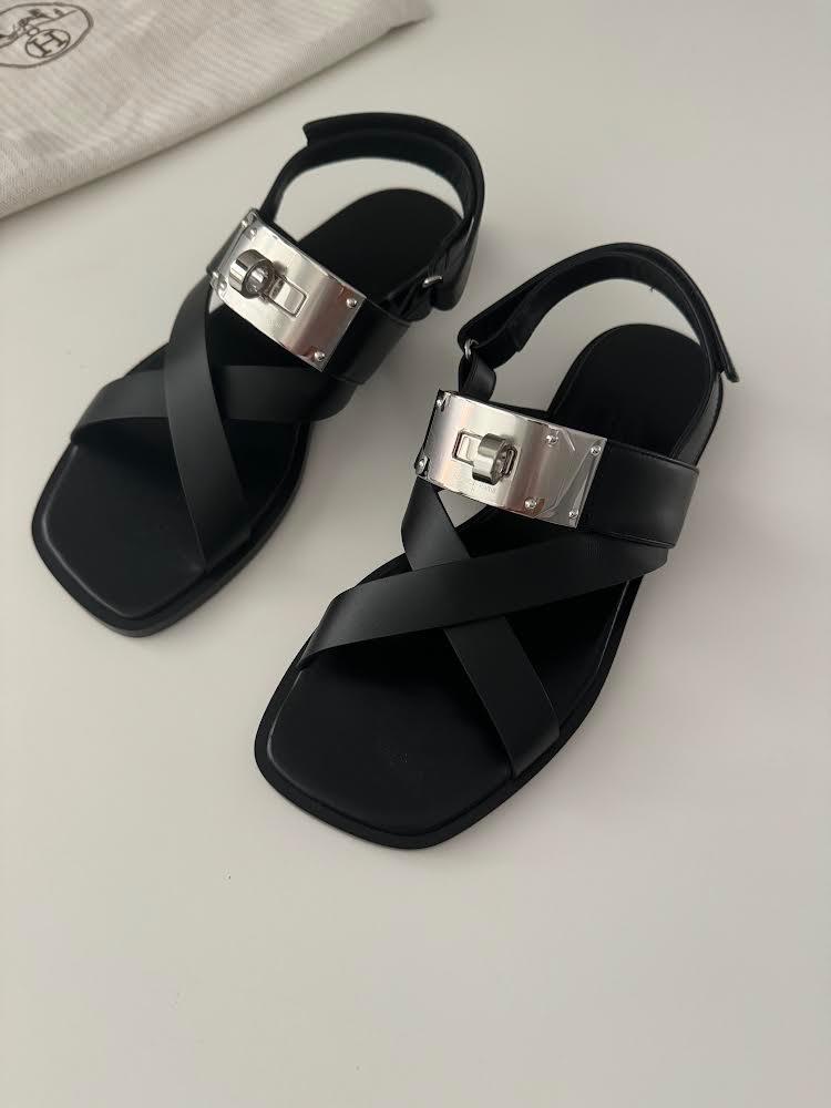 Hermes Black Leather Ines Sandals