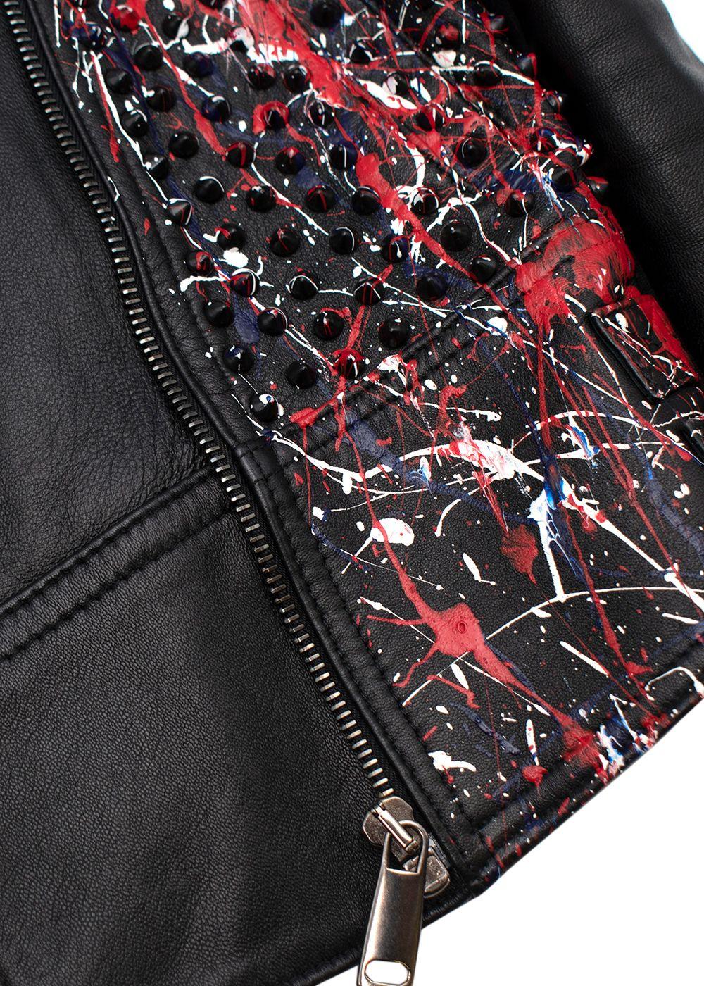 Black Leather Studded Jacket With Paint Splatter Effect