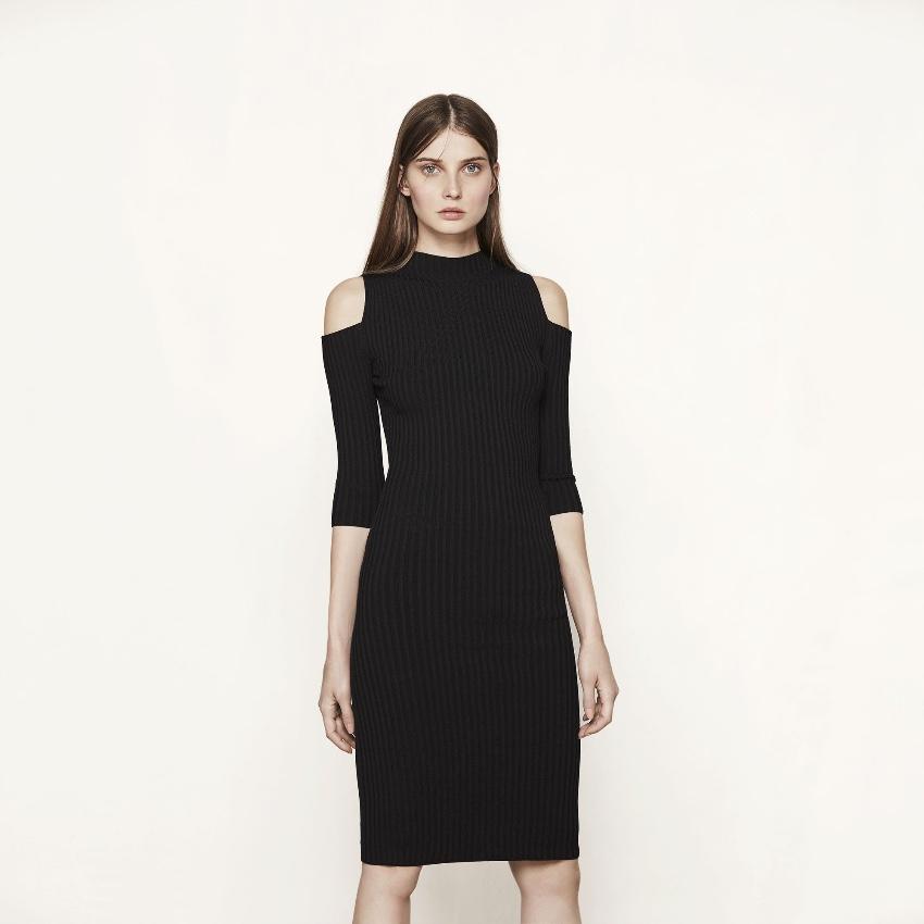 Maje Black Ribbed Knit Cold Shoulder Dress
