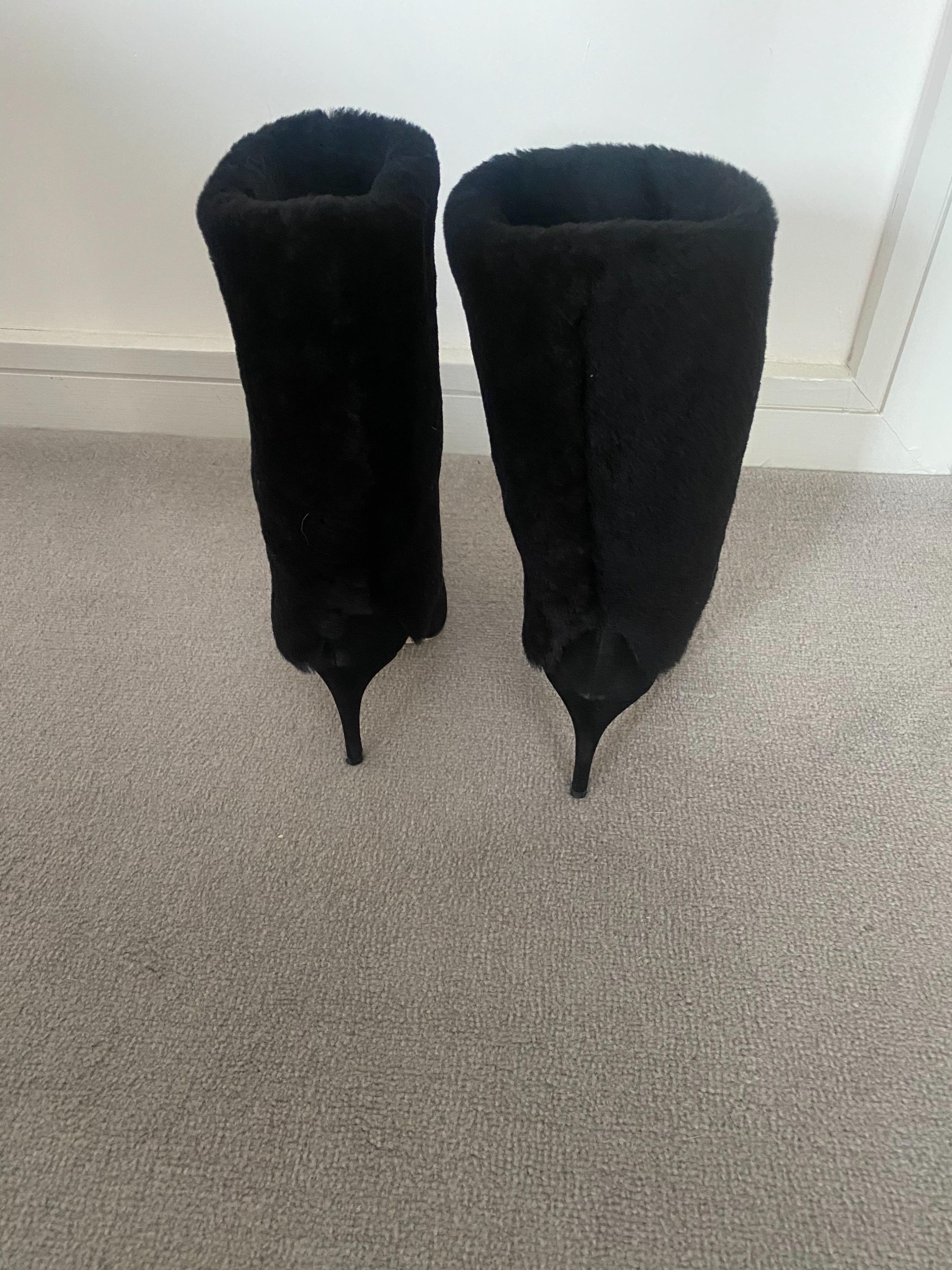 Black Shearling Cuff Heeled Long Boots