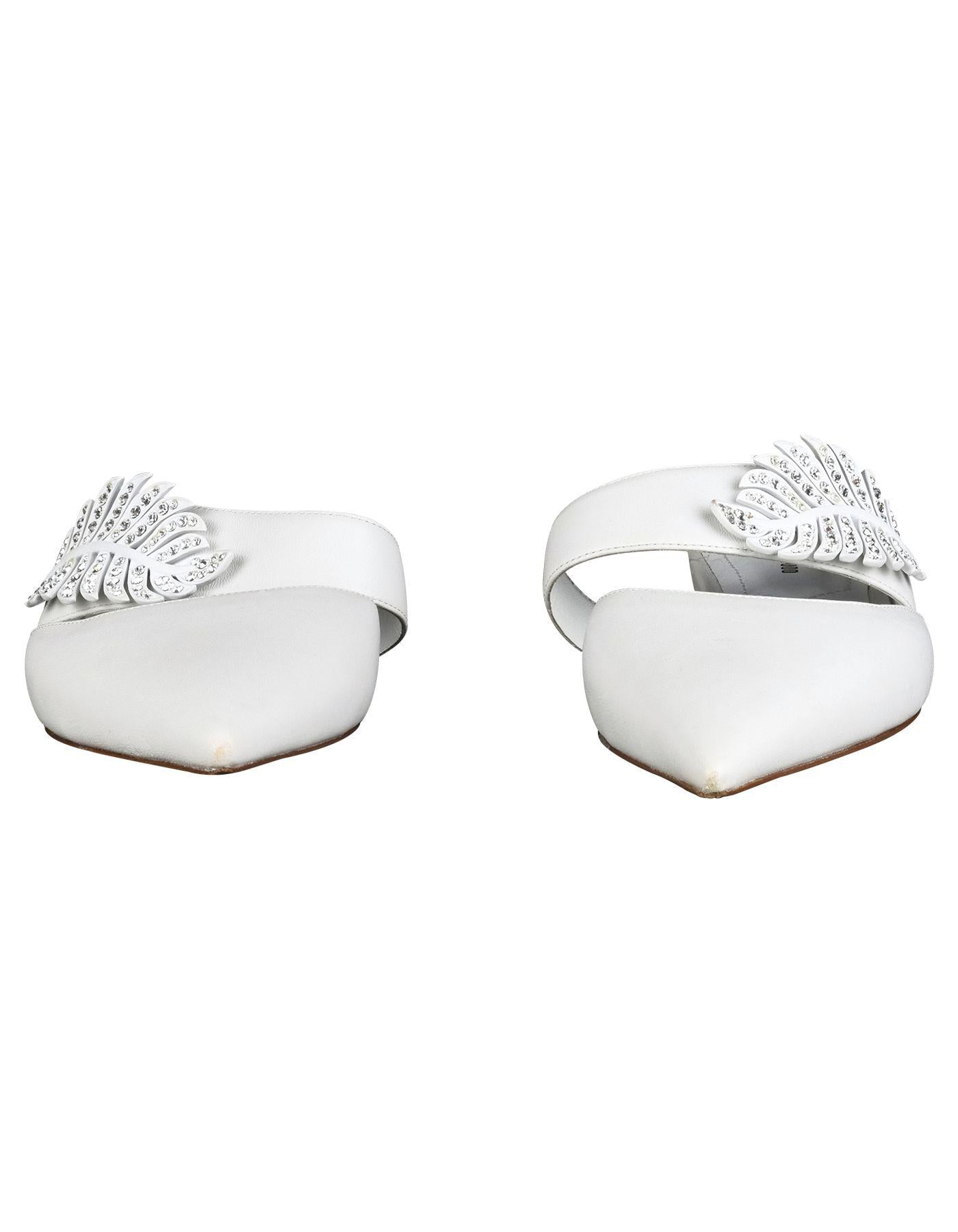 White leather & crystal Monstera flat mules