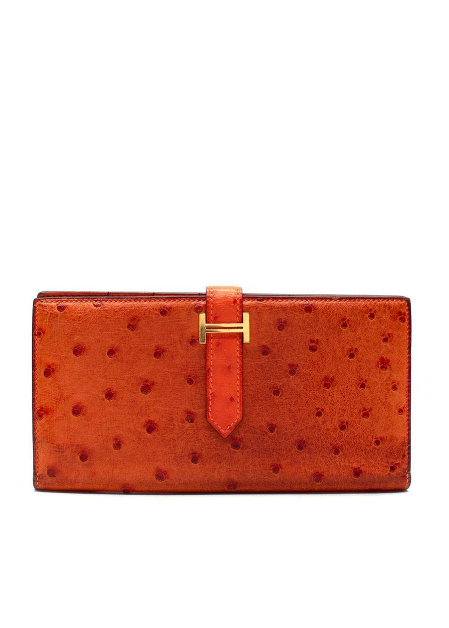 Hermes Orange Ostrich Bearn Wallet with Gold Hardware