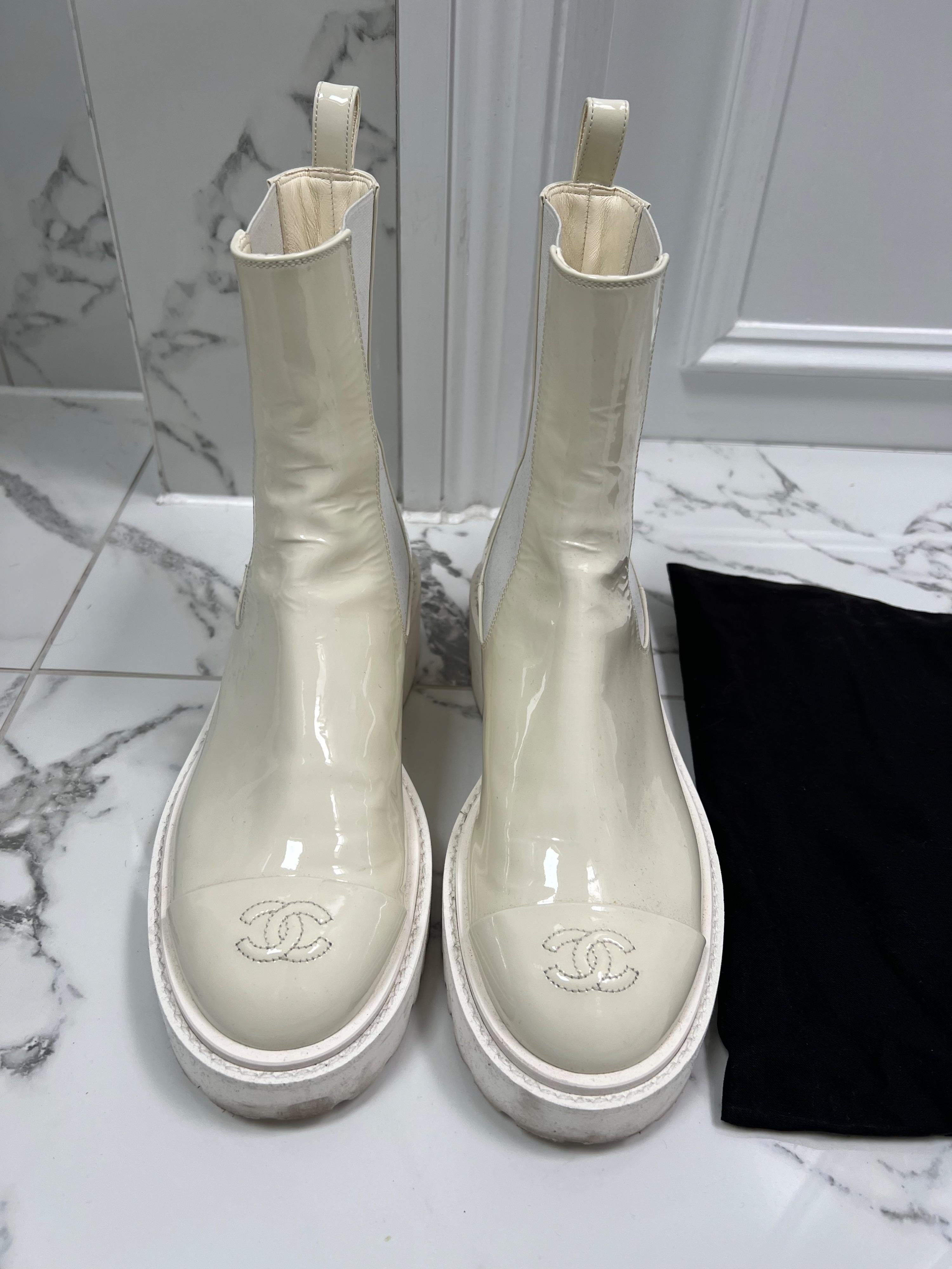 White Patent Leather CC Chunky Boots