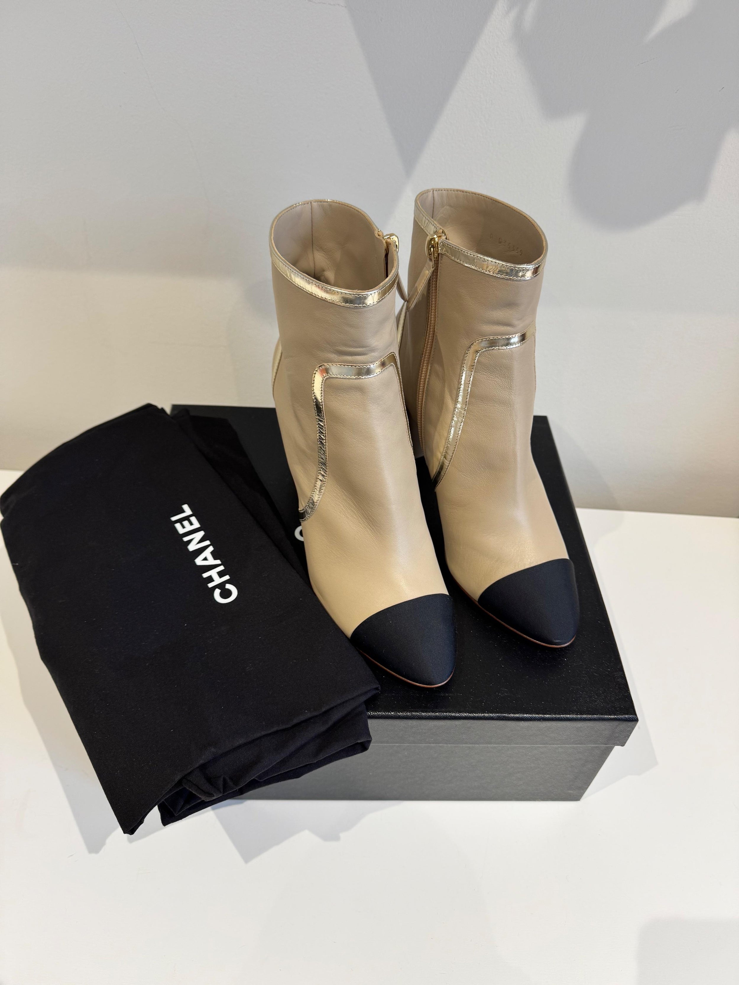 Beige Leather Heeled Boots with Silver Trim