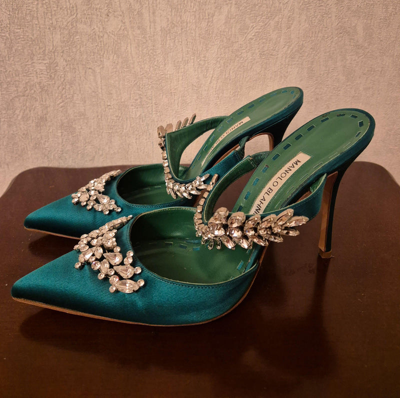 Manolo Blahnik Embellished Green Satin Mules