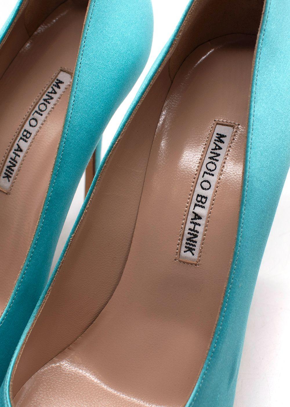 Manolo Blahnik Okkava 105 Turquoise Satin Heels
