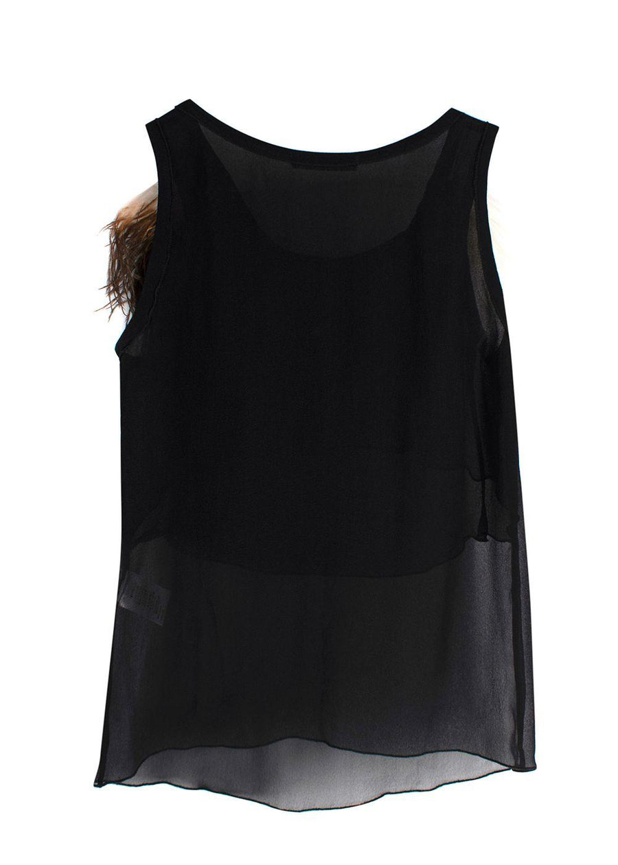 Celine Black Silk Tank Top with Ostrich Feather Trim Sheer Top