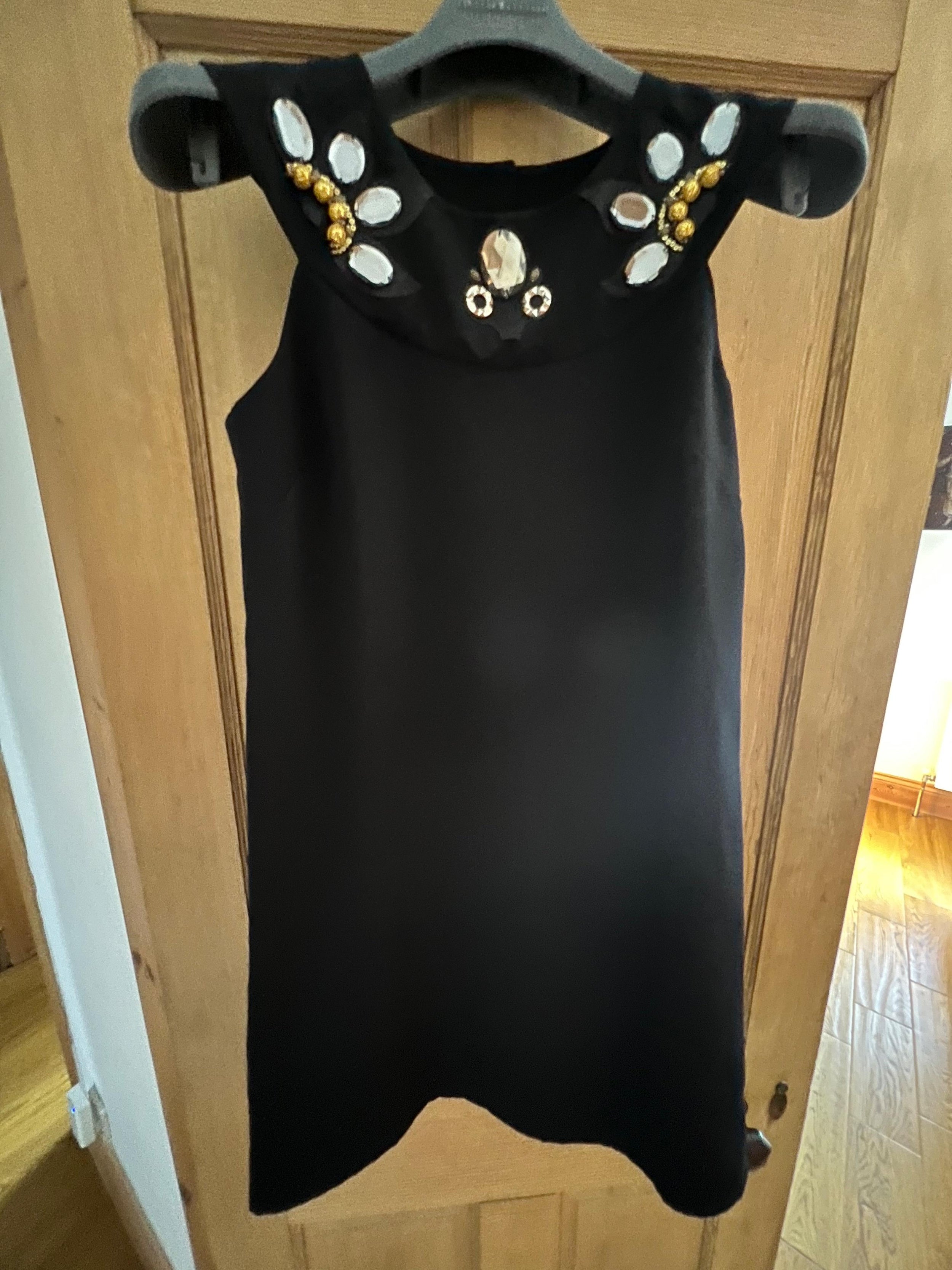 Black crepe embellished neckline shift dress