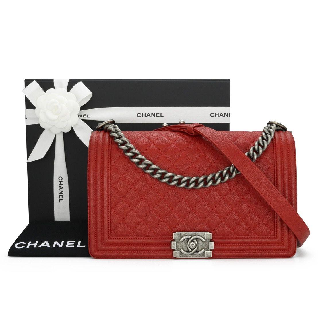 Chanel Red Caviar Leather Medium Boy Bag