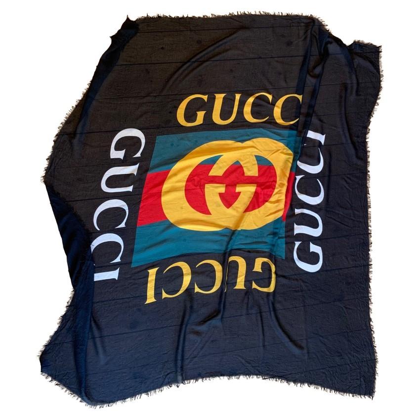 Gucci Black Logo Print Wool & Silk Scarf