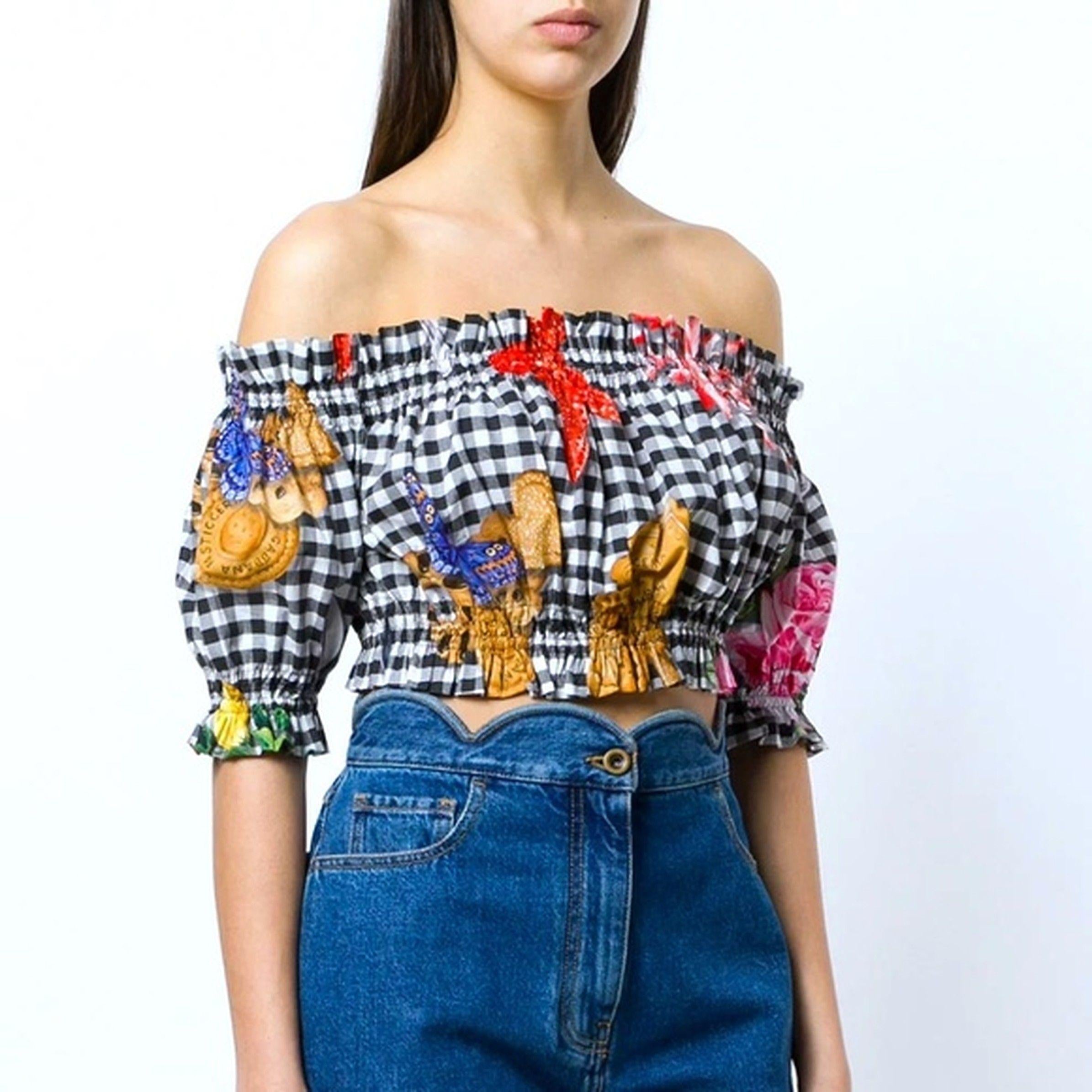 Black & white gingham printed cotton cropped top