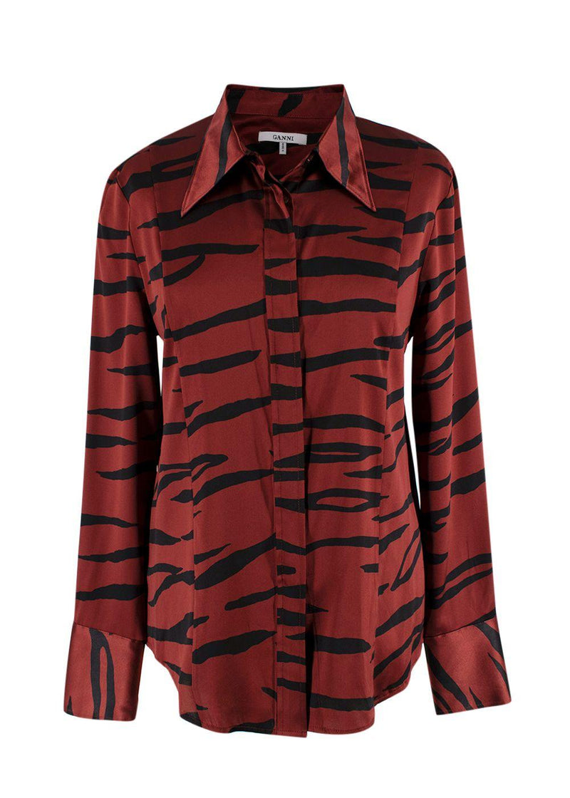 Ganni Deep Red Tiger Print Silk Shirt