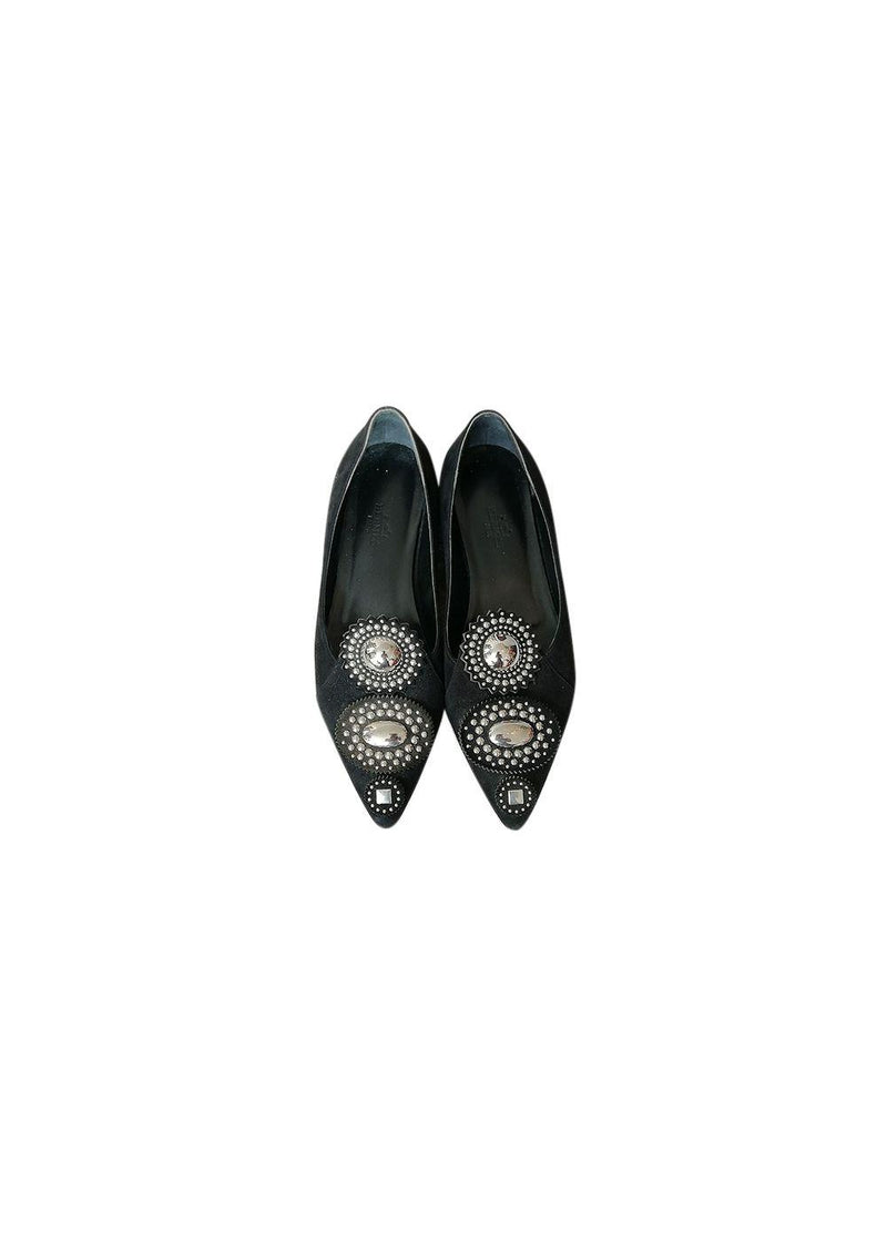 Black Embellished Suede Ballerinas