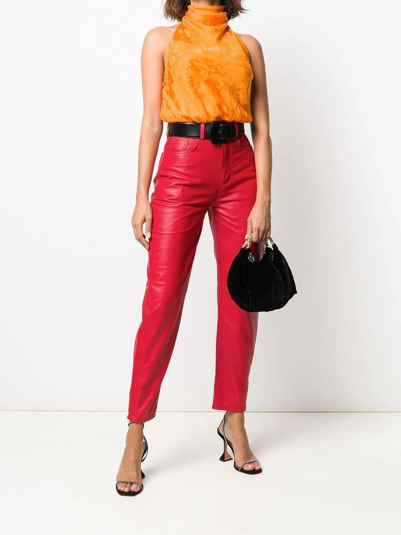 Red High Waisted Leather Pants