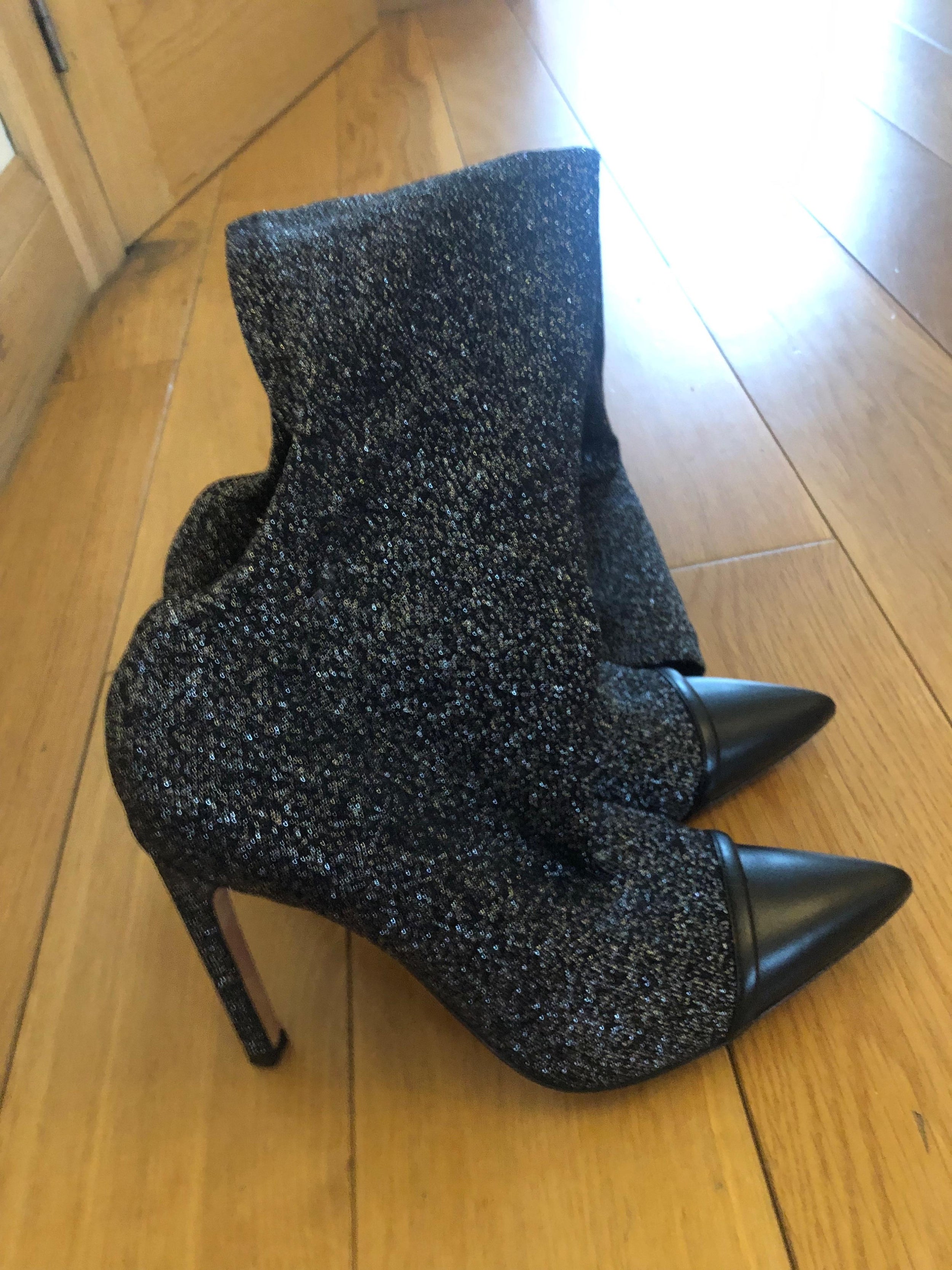 Black 115 Lurex & Leather Thigh Boots