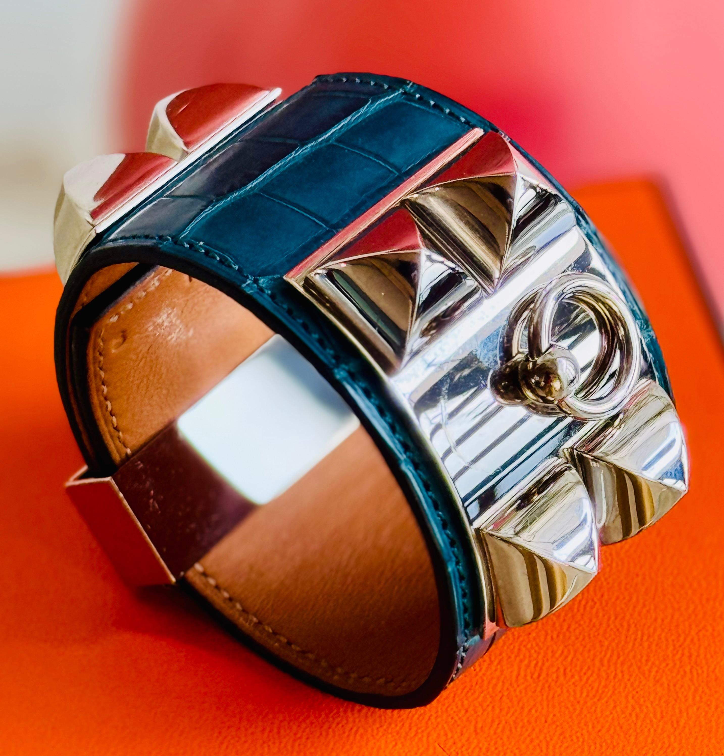 Hermès Matte Alligator collier de Chien bracelet Bleu Izmir with Palladium Hardware
