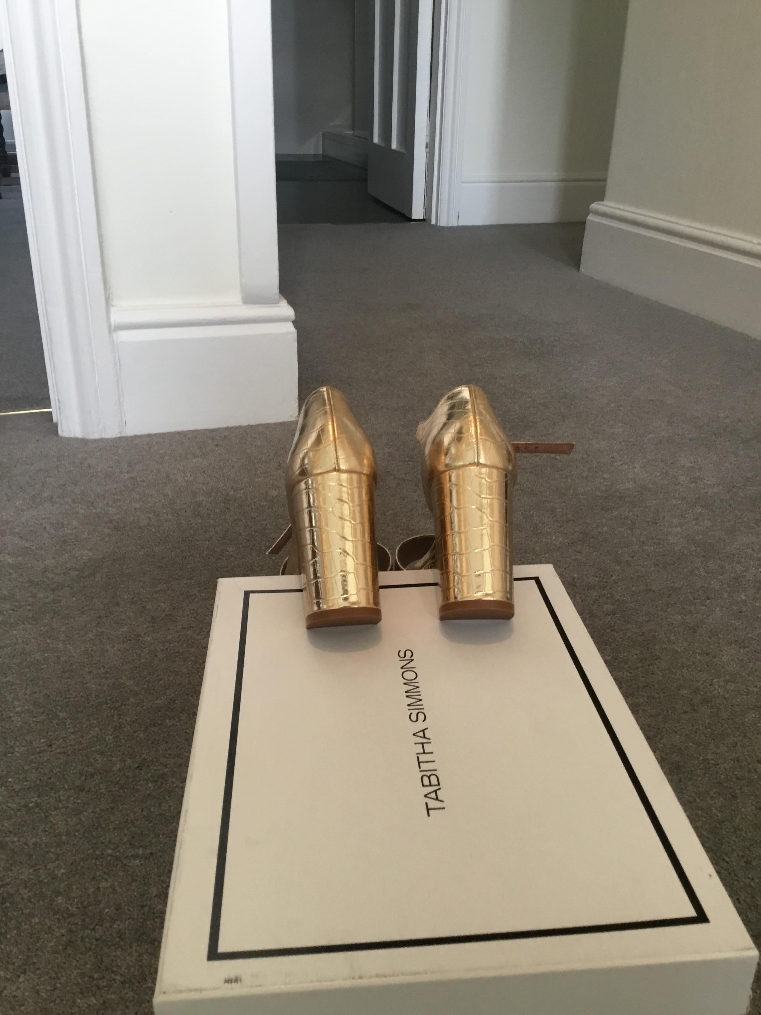 Gold croc embossed leather platform heeled sandals