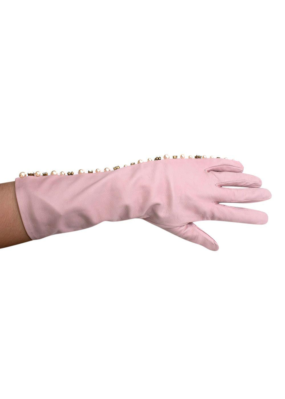 Pearl and Crystal Embellished Pink Leather Gloves