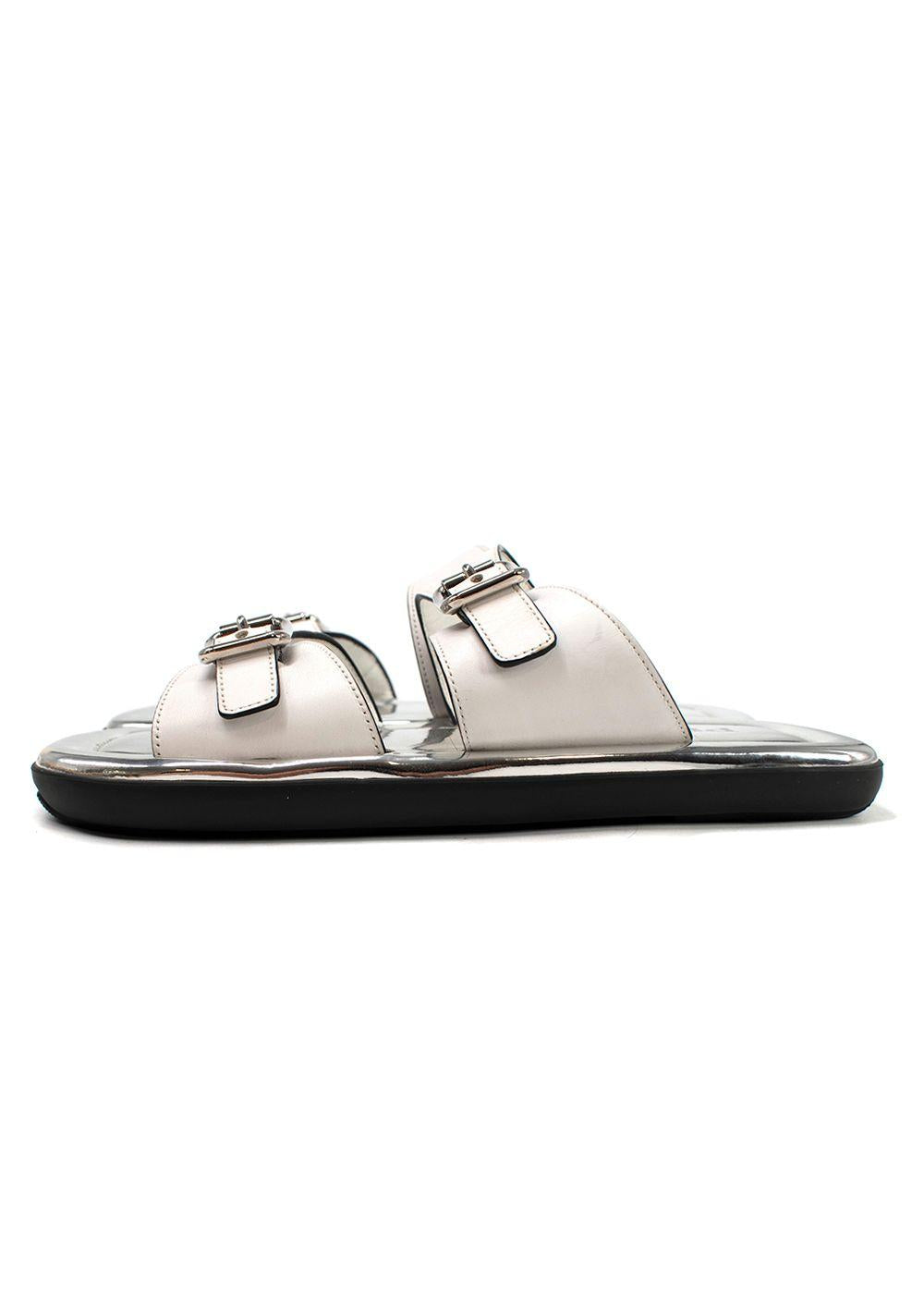 Prada White and Silver Leather Buckle Sandals