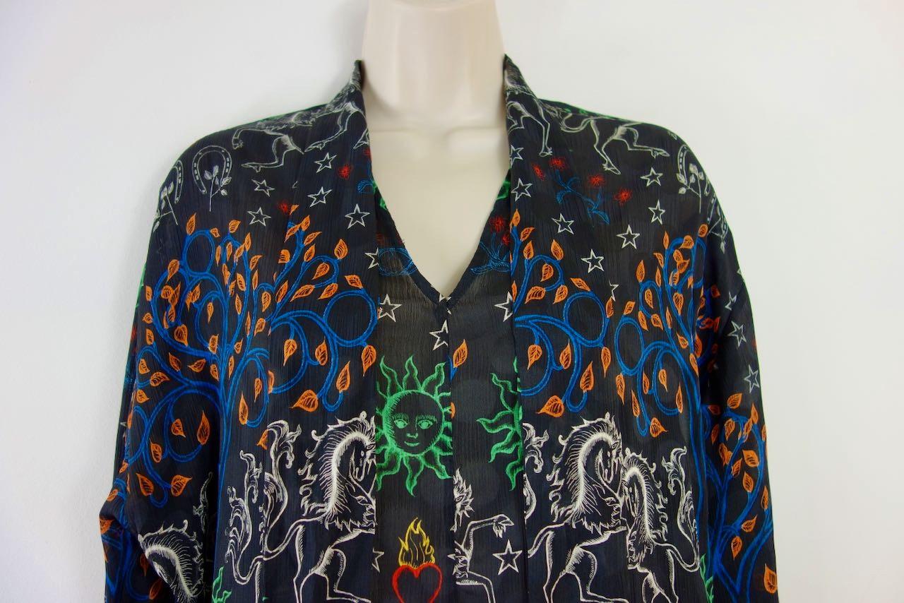 Black zodiac print crepe lavaliere blouse