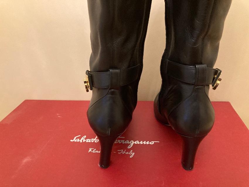 Ferragamo Black Leather Gancini Buckle Knee Boots